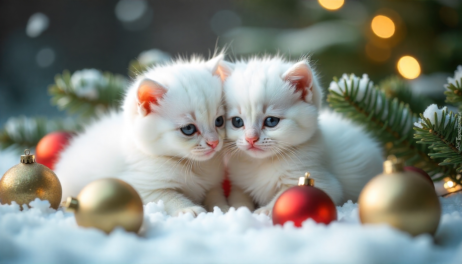 Dwa, Małe, Białe, Koty, Bombki, Śnieg, Grafika AI