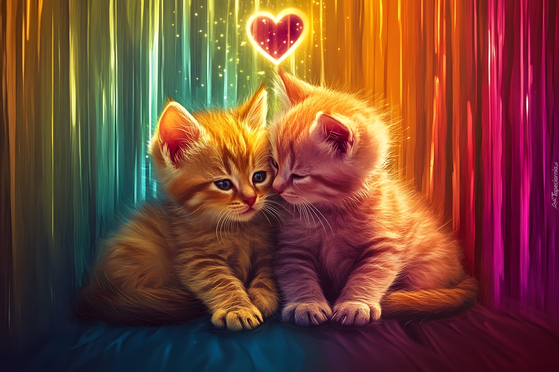 Dwa, Małe, Koty, Serduszko, Kolorowe tło