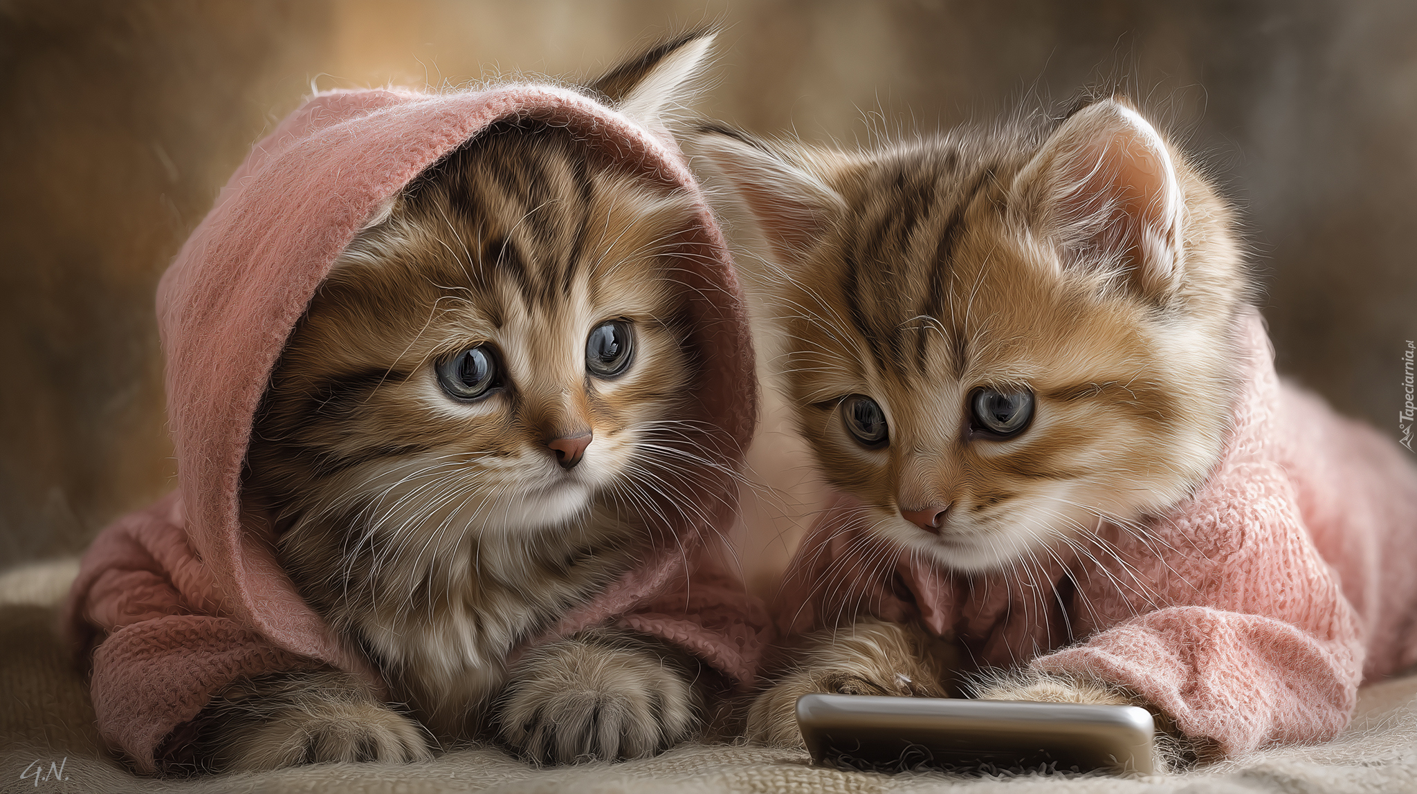 Dwa, Koty, Różowe, Ubranka, Telefon, Komórkowy, Grafika AI