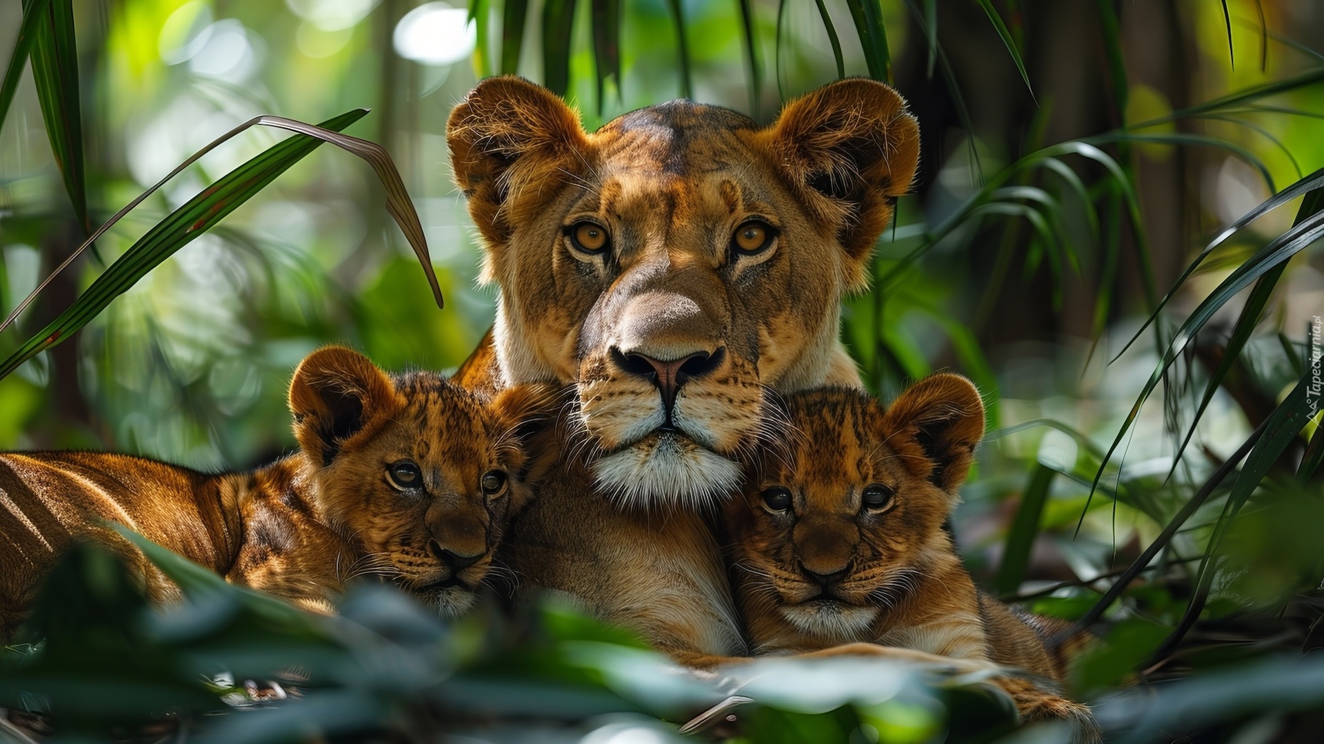 Lew, Lwica, Dwa, Lwiątka, Las, Liście