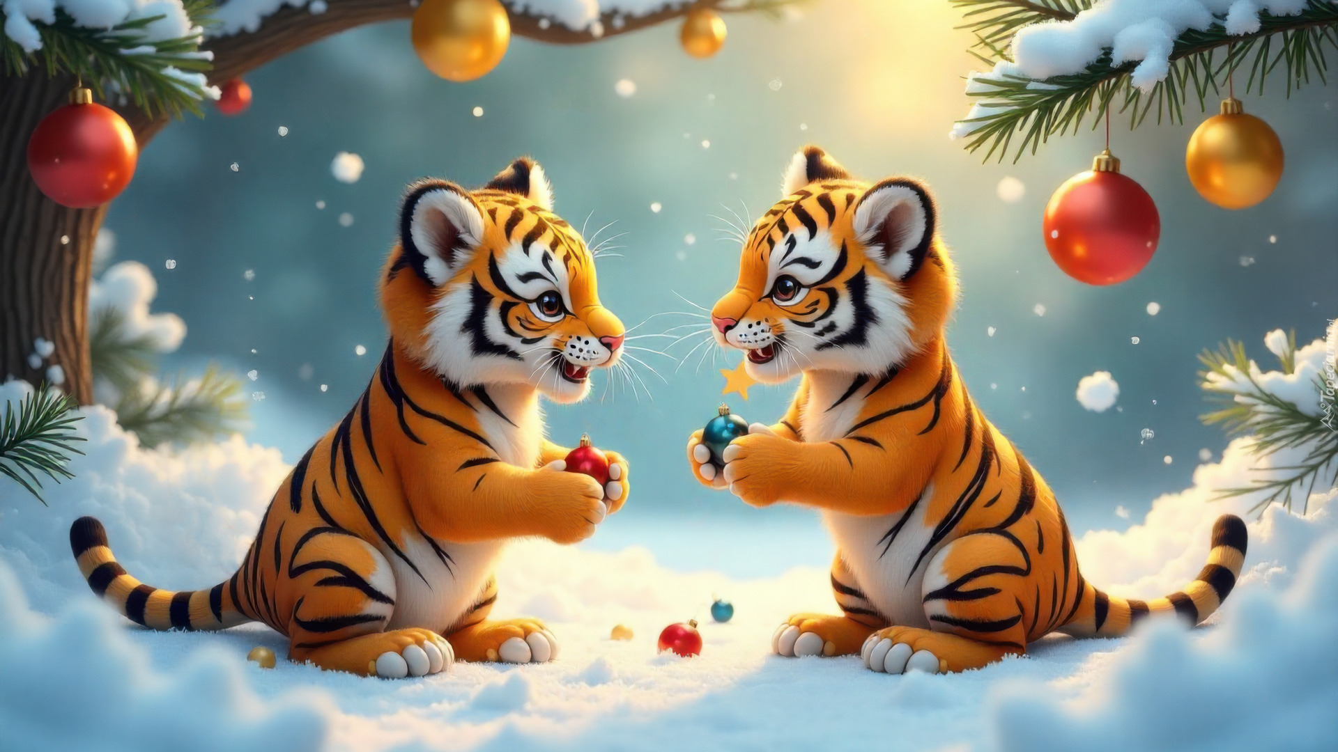 Tygrysy, Młode, Zima, Śnieg, Gałązki, Bombki, AI