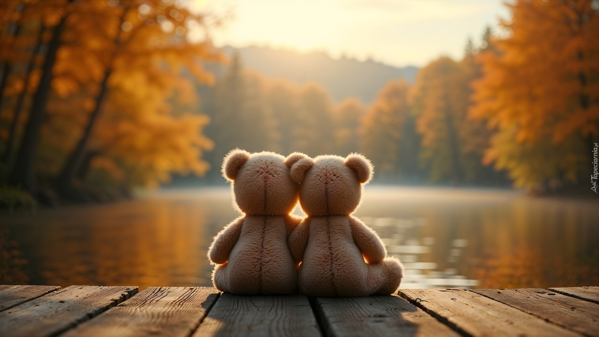 Jesień, Dwa, Przytulone, Pluszowe, Misie, Pomost, Jezioro