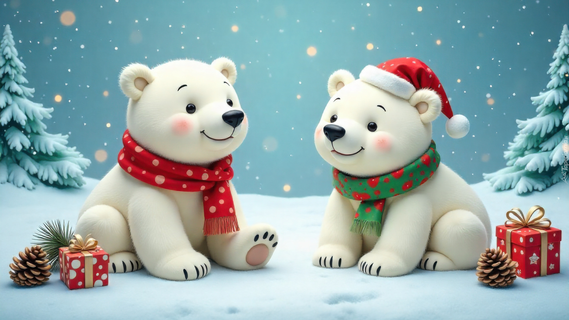 Zima, Dwa, Misie, Czapka, Szalik, Śnieg, Prezenty, Świąteczne