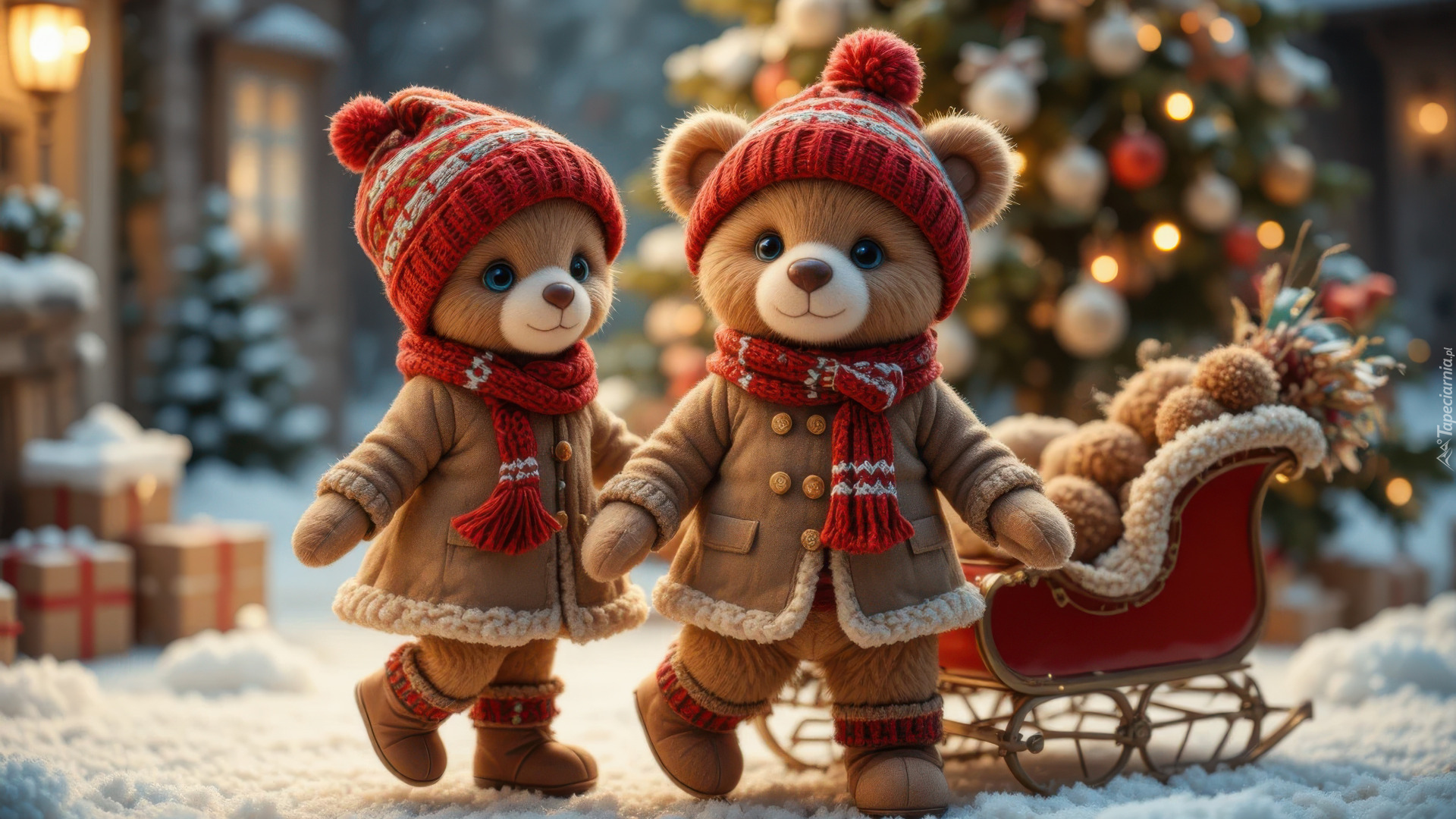 Dwa, Misie, Czapki, Kożuszki, Sanki, Choinka