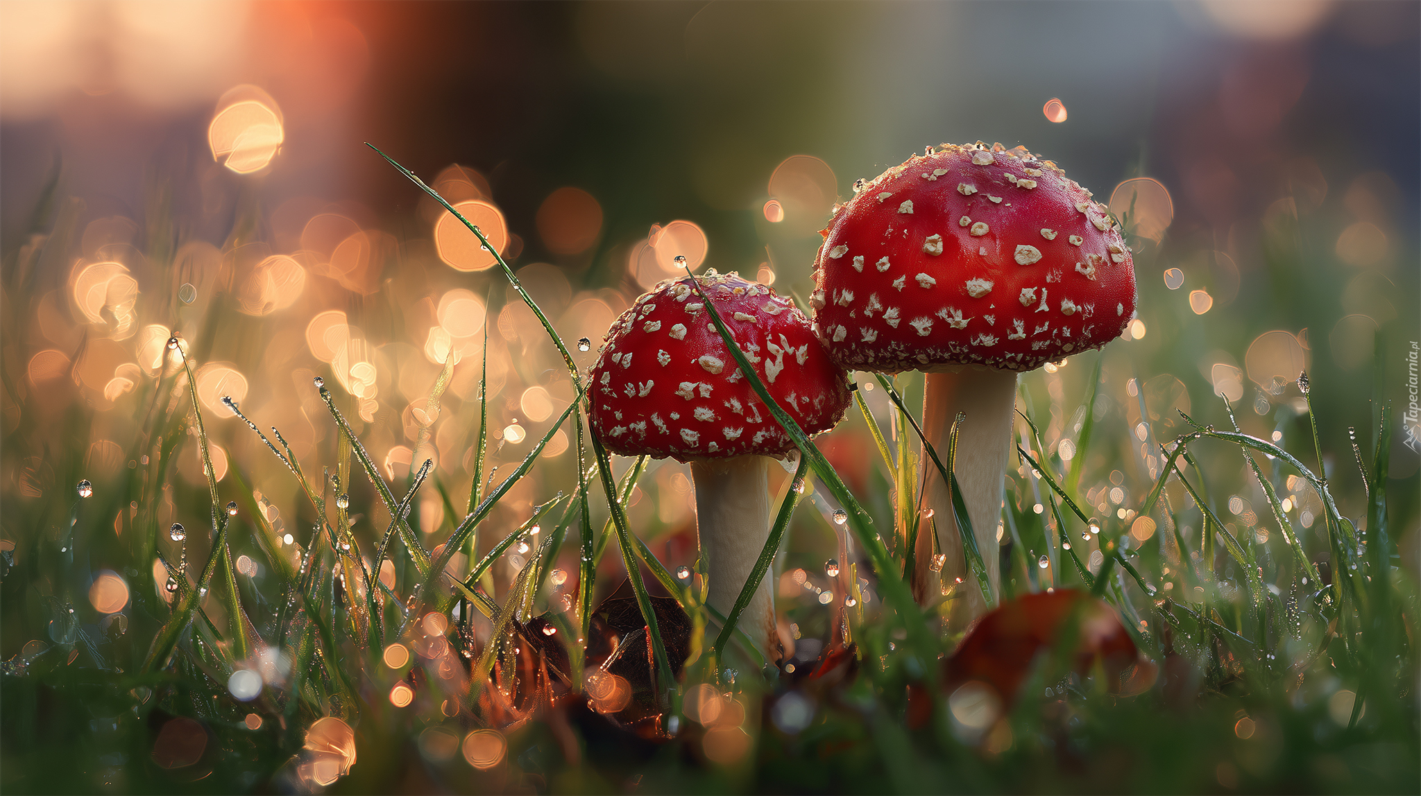 Muchomory, Czerwone, Grzyby, Trawa, Bokeh, Grafika AI