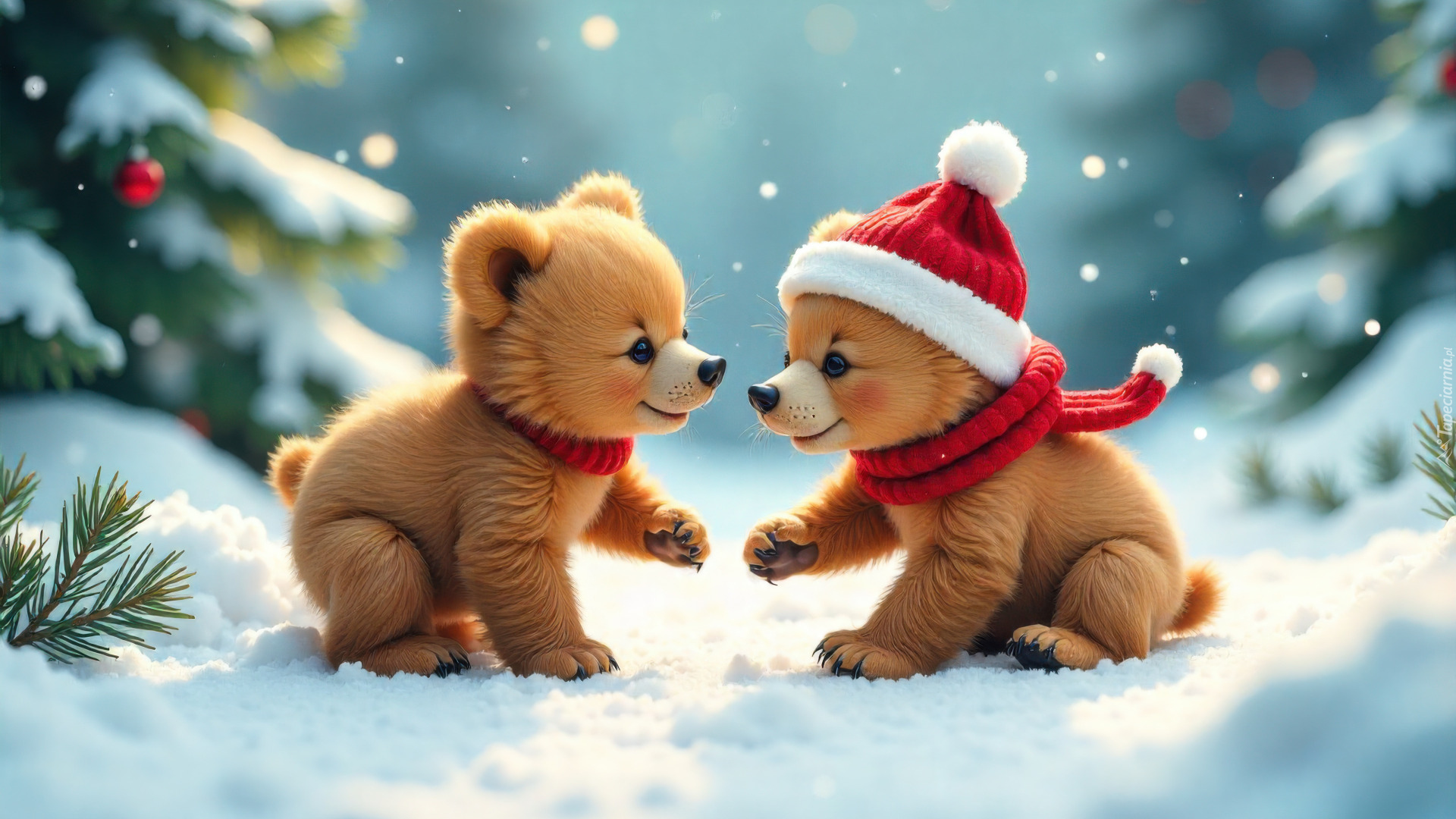 Zima, Dwa, Niedźwiadki, Czapka, Szalik, Śnieg, Grafika AI