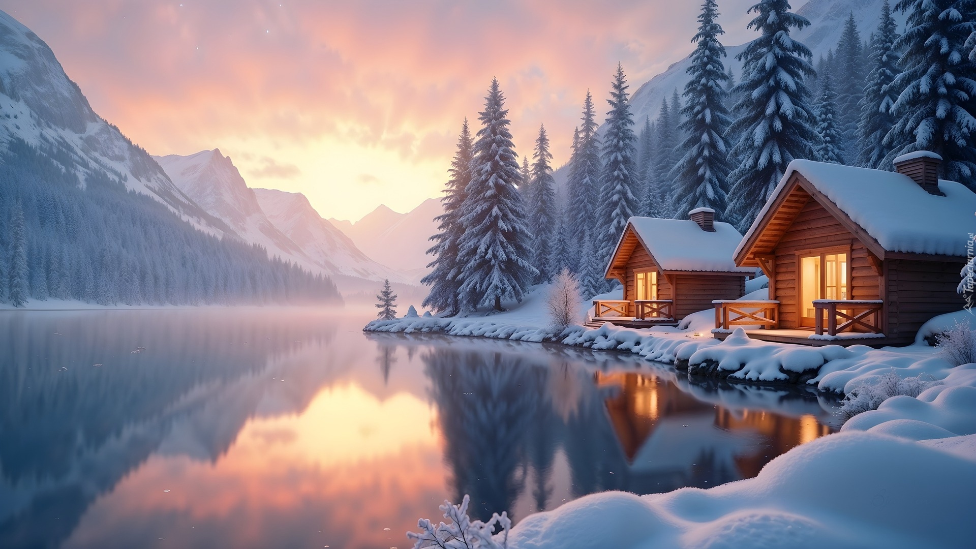 Góry, Jezioro, Drzewa, Drewniane, Domy, Ośnieżone, Zima