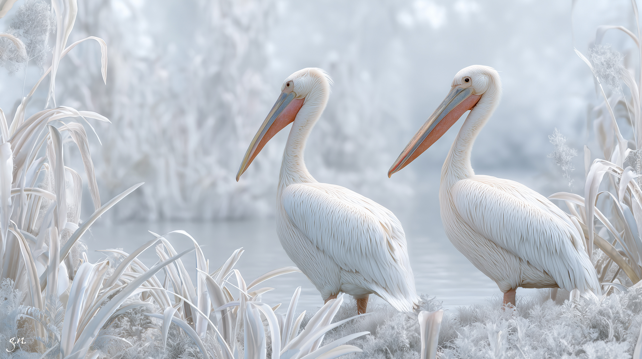 Dwa, Pelikany, Zarośla, Grafika AI