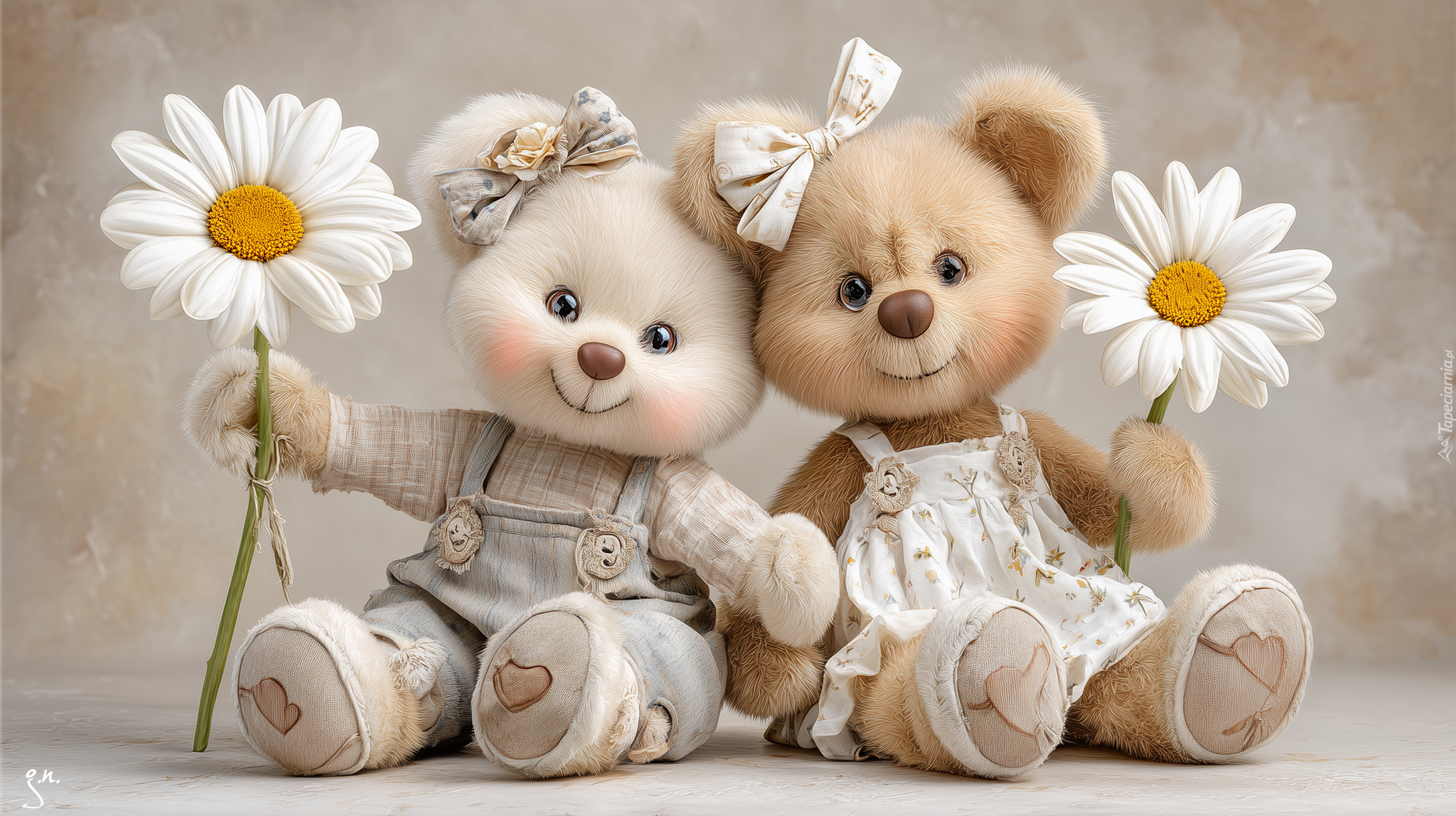 Dwa, Misie, Pluszowe, Kwiaty, Przytulanki, Grafika AI