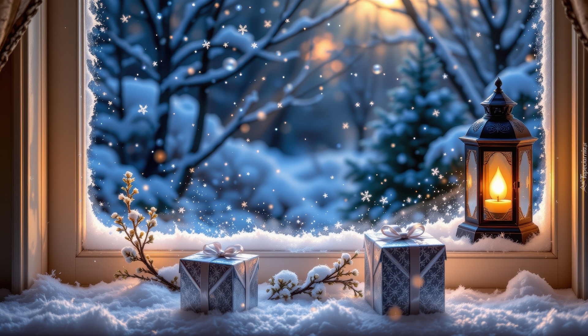 Kompozycja, Prezenty, Śnieg, Okno, Lampion, Grafika AI