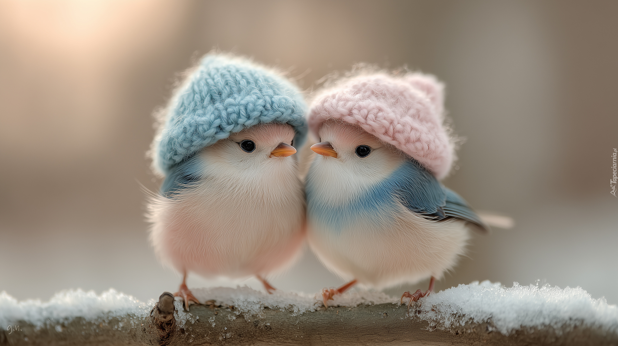 Dwa, Ptaki, Czapki, Gałąź, Śnieg, Grafika AI