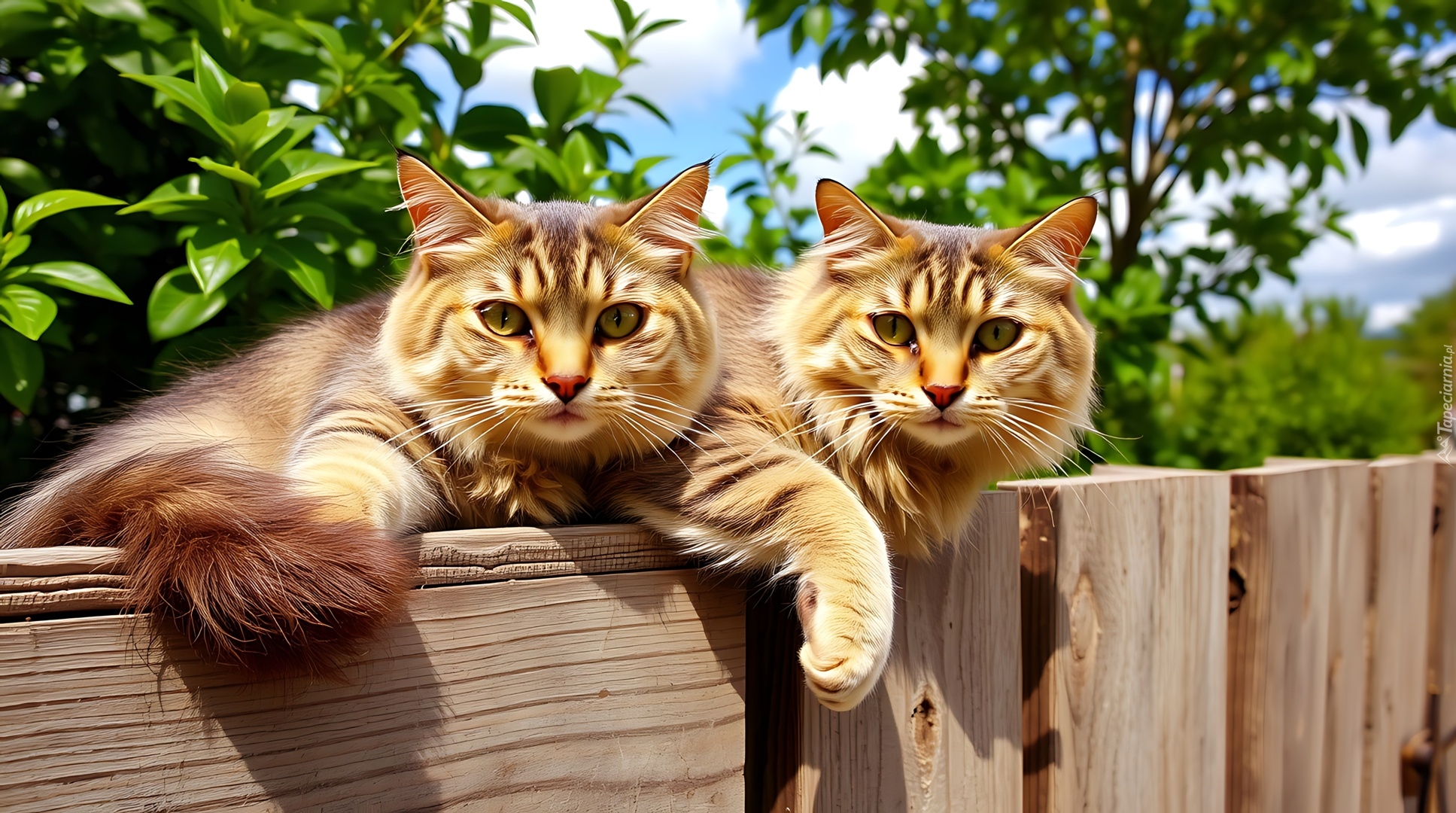 Dwa, Koty, Płot, Zieleń, Niebo, Grafika AI