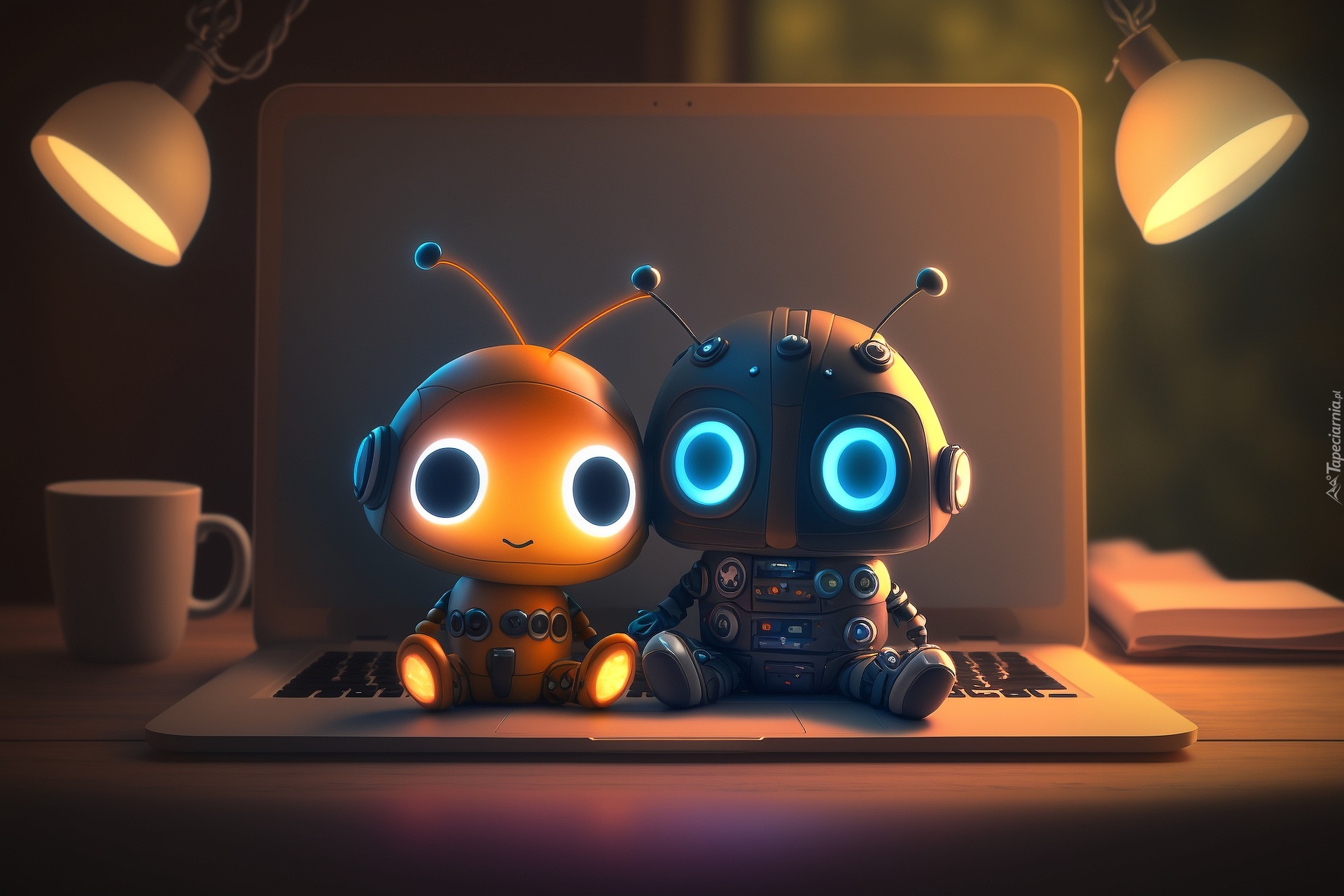 Dwa, Roboty, Biurko, Lampy, Laptop, Kubek, Książki, Grafika