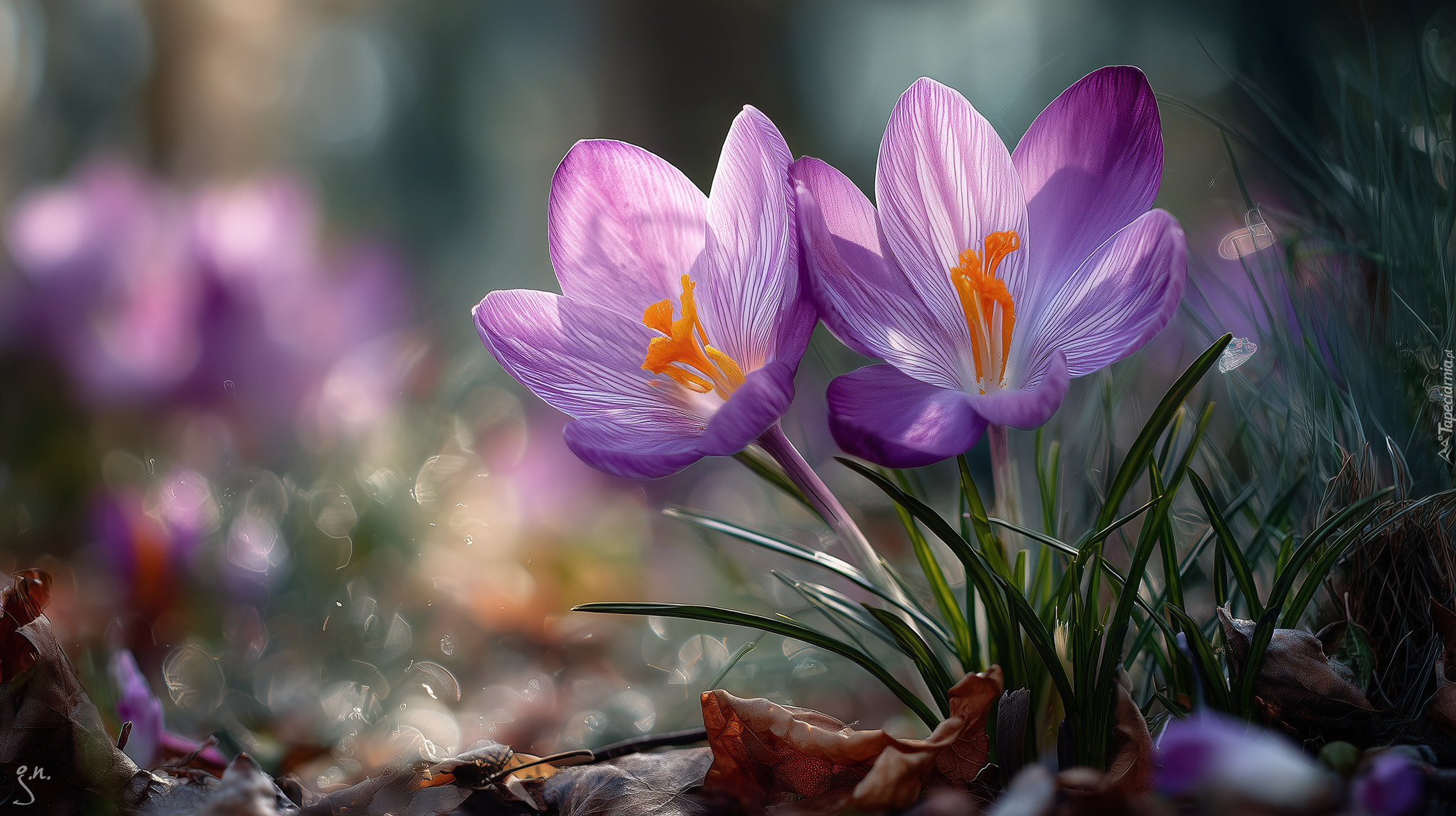 Dwa, Fioletowe, Rozwinięte, Krokusy, Grafika AI