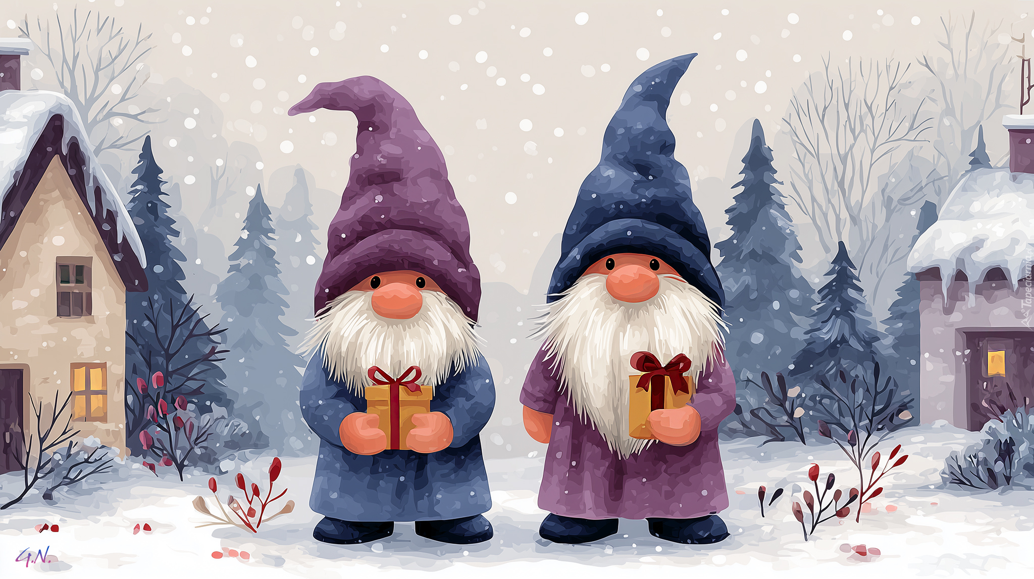 Dwa, Skrzaty, Prezenty, Zima, Grafika AI