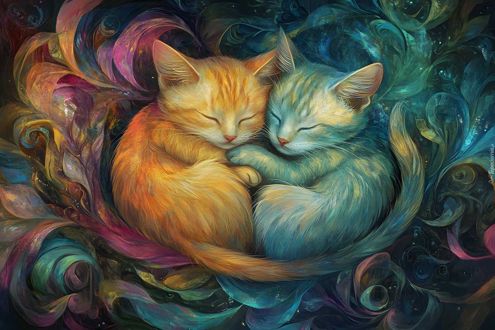 Śpiące, Przytulone, Dwa, Koty, Grafika