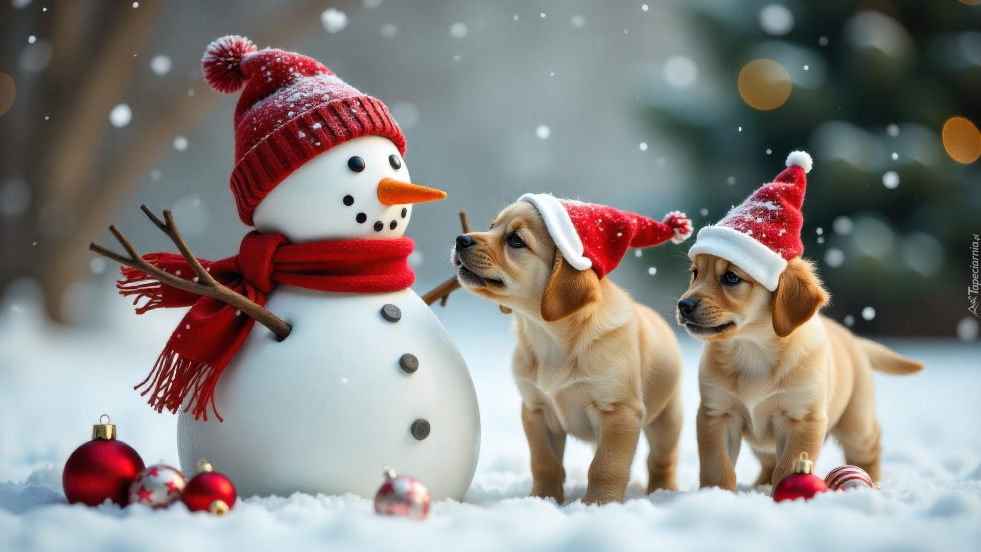 Zima, Psy, Szczeniaki, Czapki, Mikołaja, Bałwanek, Bombki