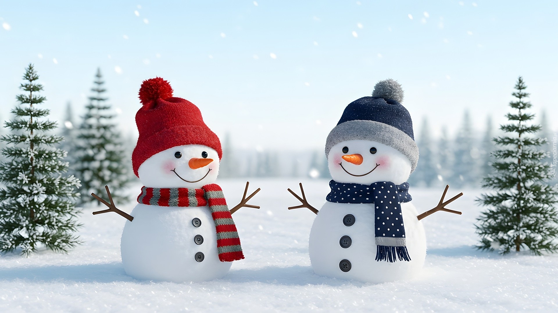 Zima, Dwa, Bałwany, Ośnieżone, Drzewa, Śnieg