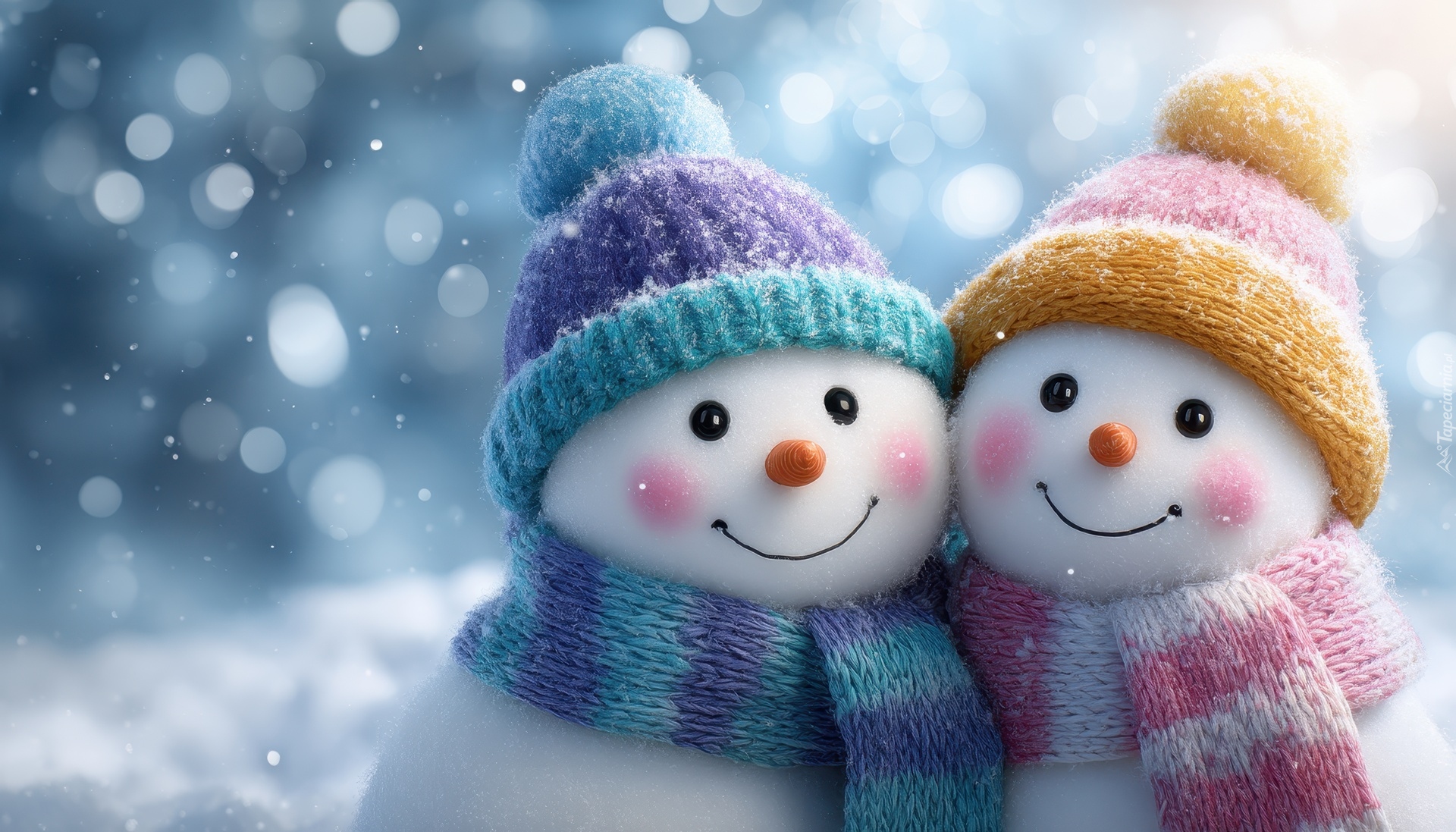 Dwa, Przytulone, Bałwanki, Kolorowe, Czapki, Szaliki, Grafika AI