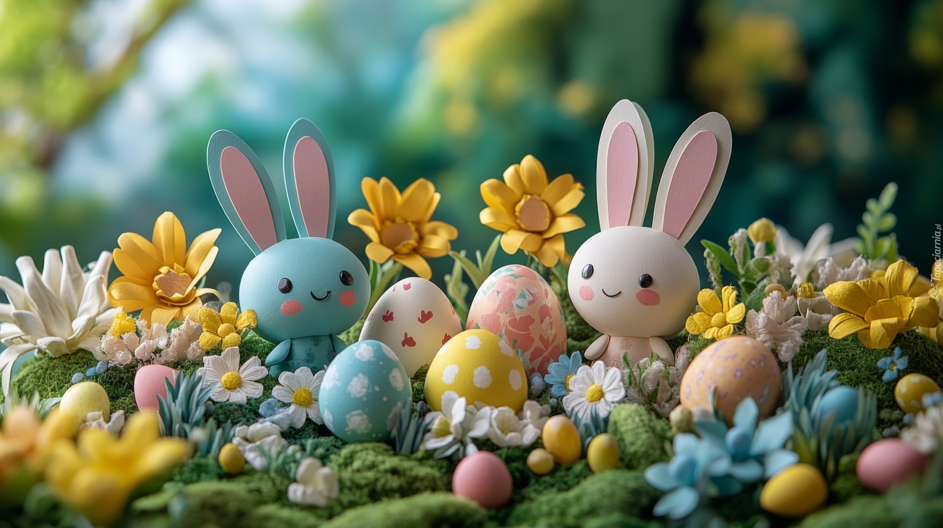 Wielkanoc, Pisanki, Kwiaty, Zajączki