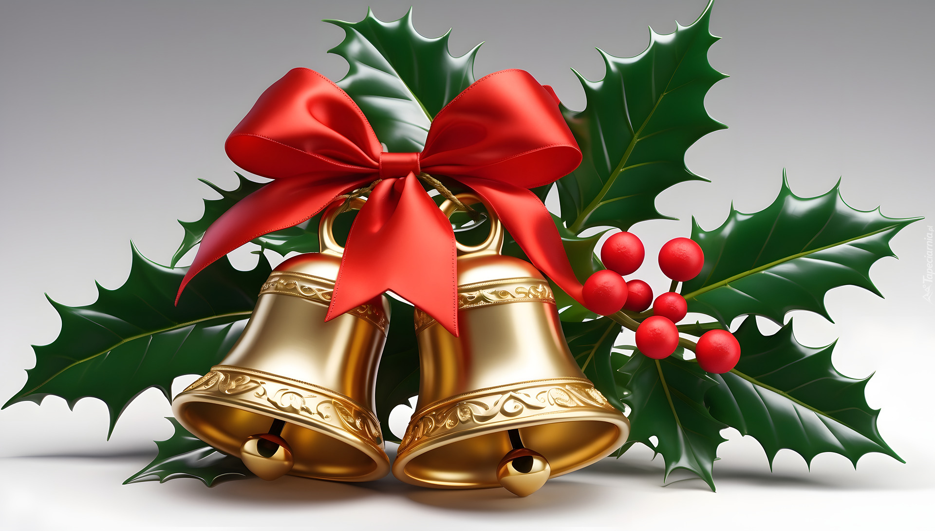 Świąteczne, Złote, Dzwonki, Gałazka, Ostrokrzew, Kokarda