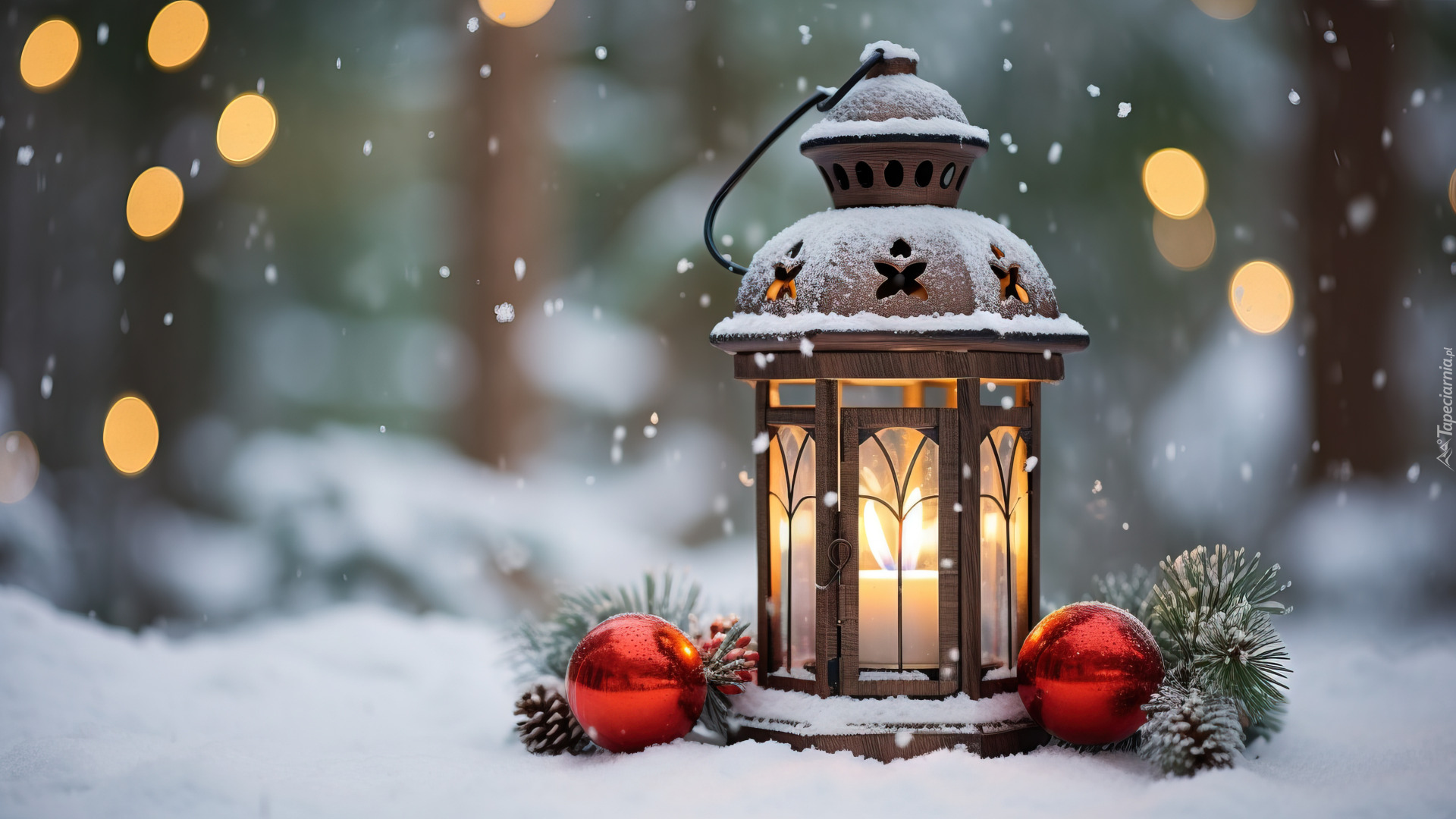 Zima, Śnieg, Lampion, Świeca, Gałązki, Świerk, Bombki, Boże Narodzenie