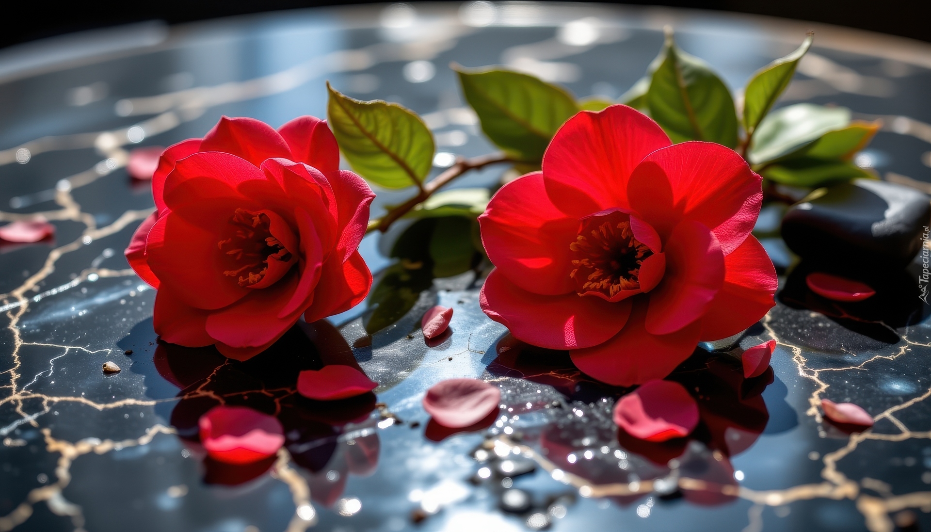 Kwiaty, Dwie, Kamelie, Czerwone, Tło, Marmurkowe