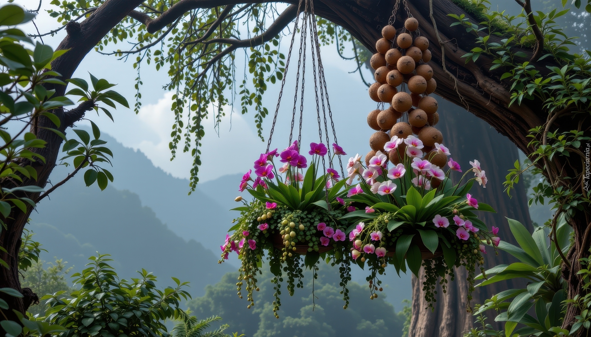 Storczyki, Doniczki, Drzewo, Góry