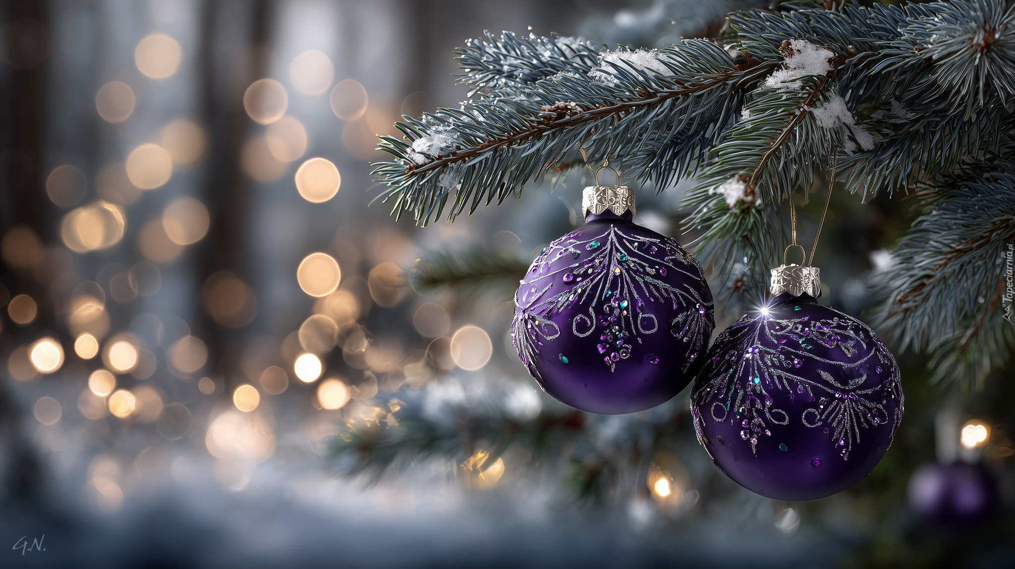 Boże Narodzenie, Fioletowe, Bombki, Świerk, Grafika AI