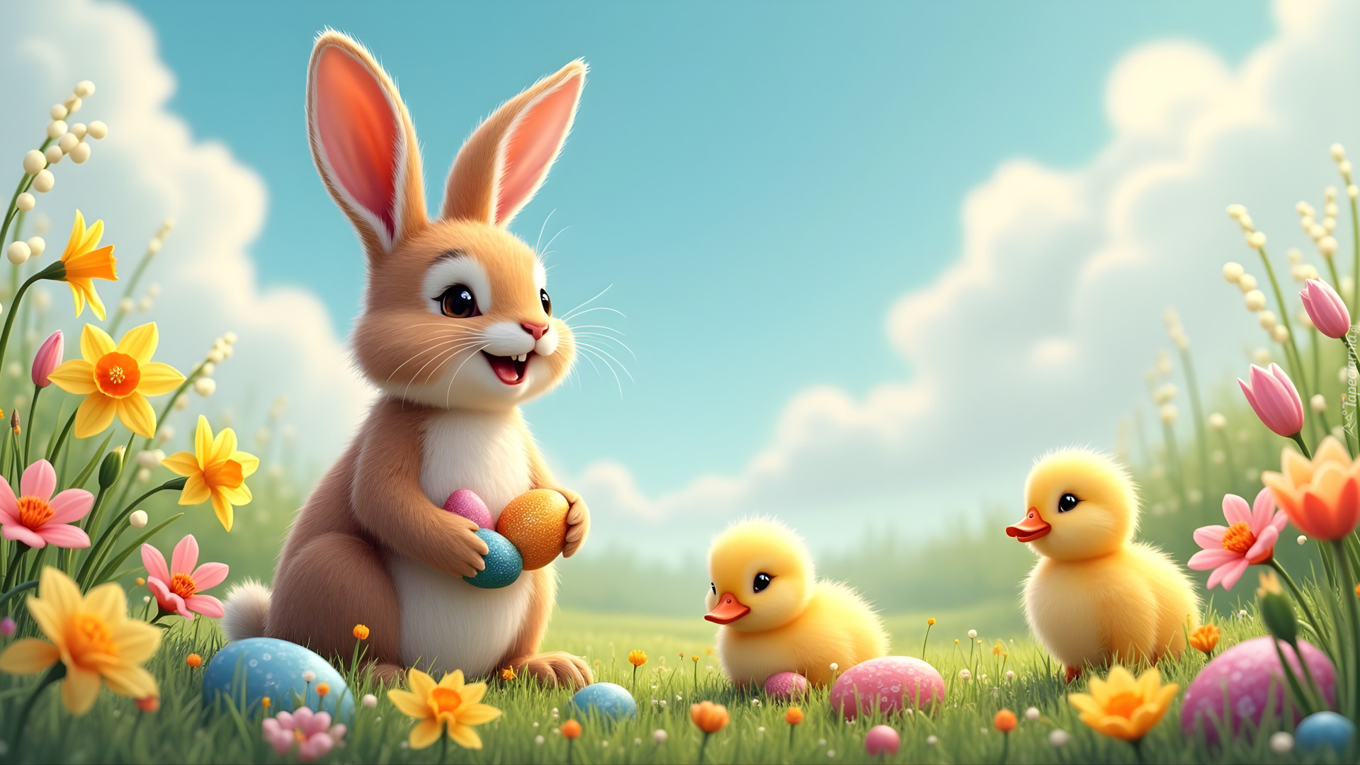Wielkanoc, Królik, Dwie, Kaczuszki, Kolorowe, Pisanki, Kwiaty, Łąka