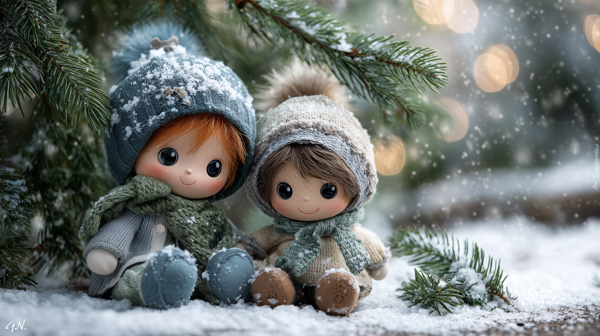 Lalki, Śnieg, Iglaste, Gałązki, Zima, Grafika AI