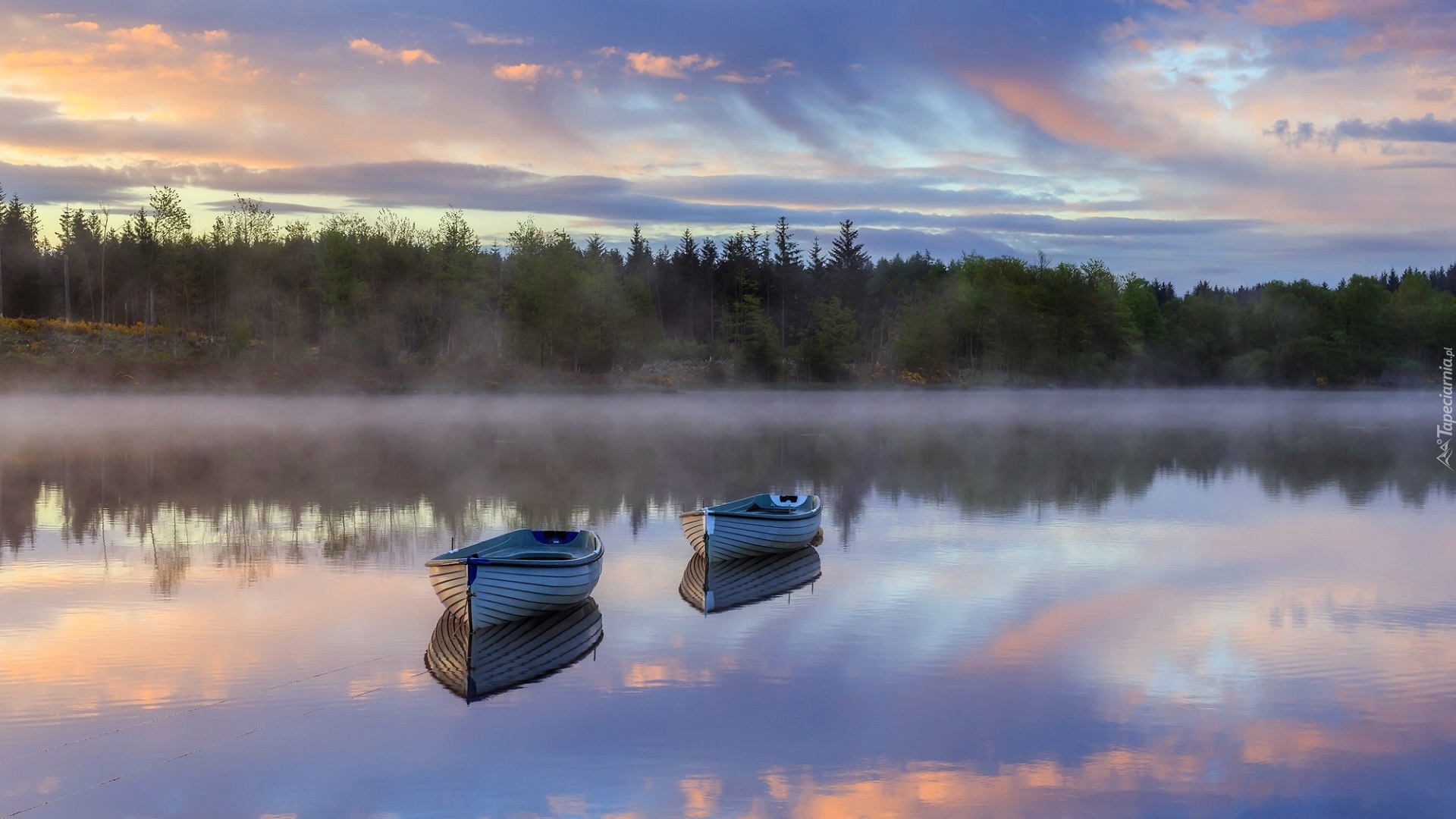 Szkocja, Hrabstwo Perthshire, Jezioro Loch Rusky, Dwie, Łódki, Las, Drzewa, Mgła, Wschód słońca