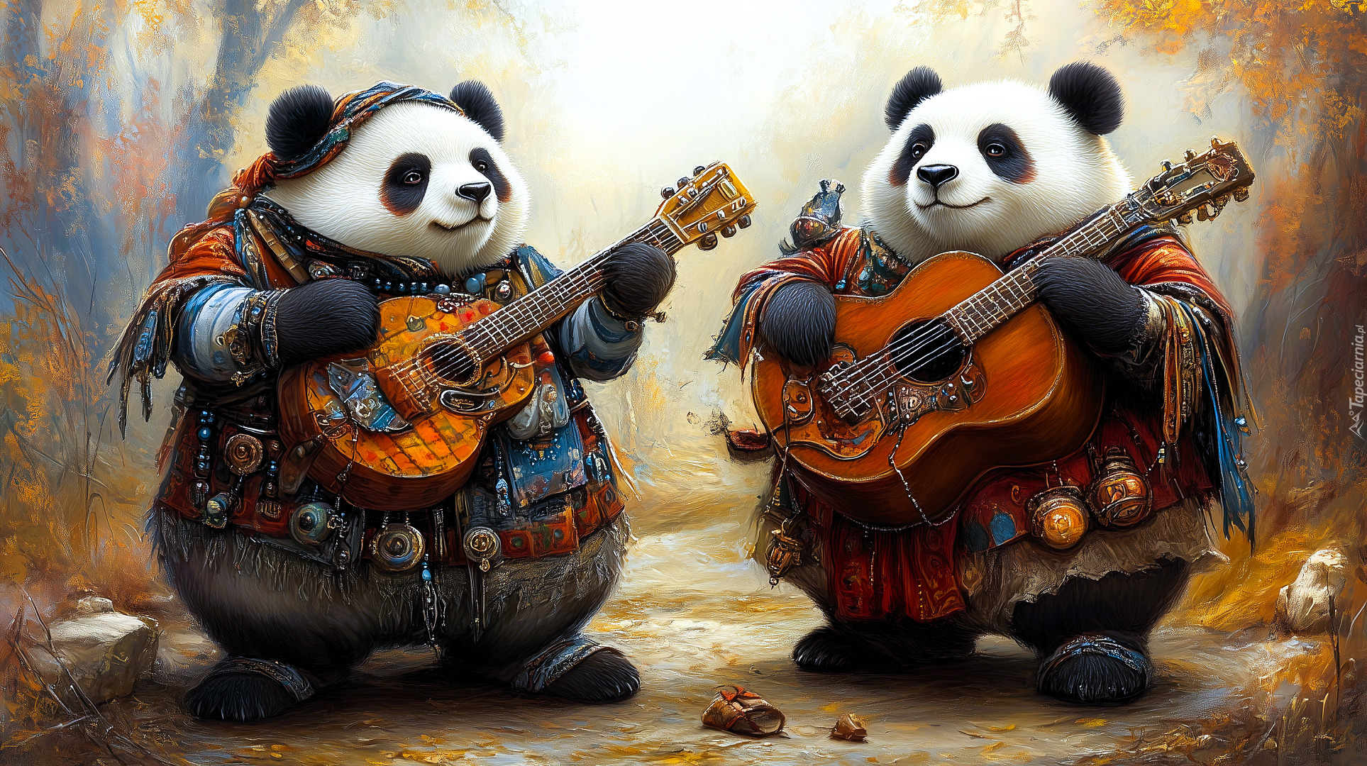 Dwie, Pandy wielkie, Kolorowe, Ubrania, Gitary, AI