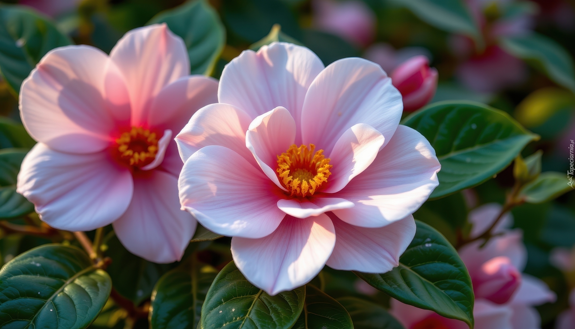 Dwa, Kwiaty, Różowe, Kamelie, Liście