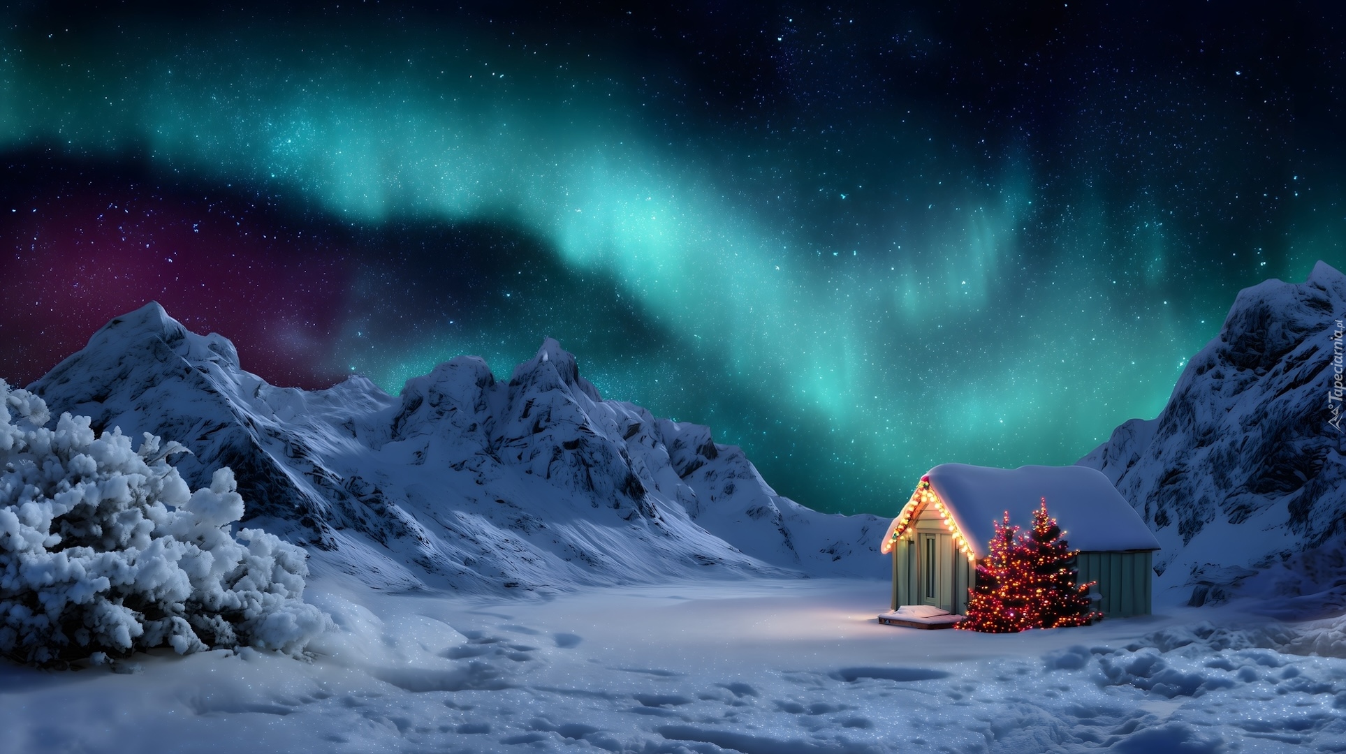 Góry, Zima, Zorza polarna, Domek, Drewniany, Choinki