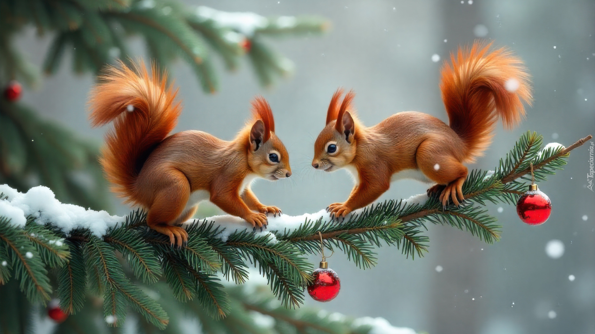 Dwie, Rude, Wiewiórki, Czerwone, Bombki, Ośnieżona, Gałązka