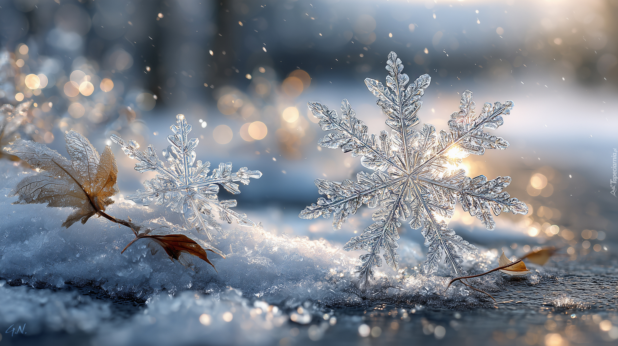 Dwie, Śnieżynki, Śnieg, Zima, Grafika AI