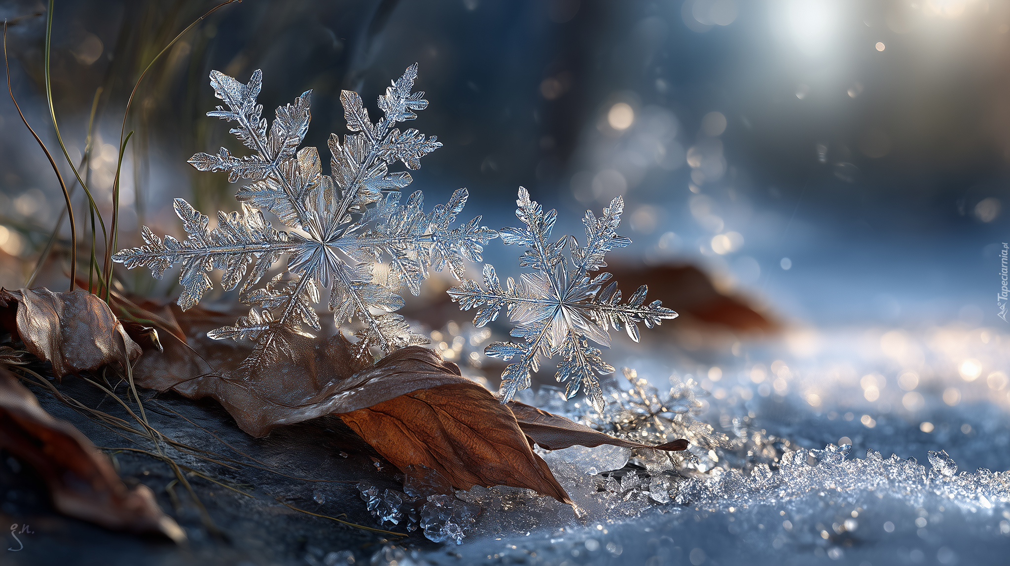 Dwie, Śnieżynki, Zima, Śnieg, Grafika AI