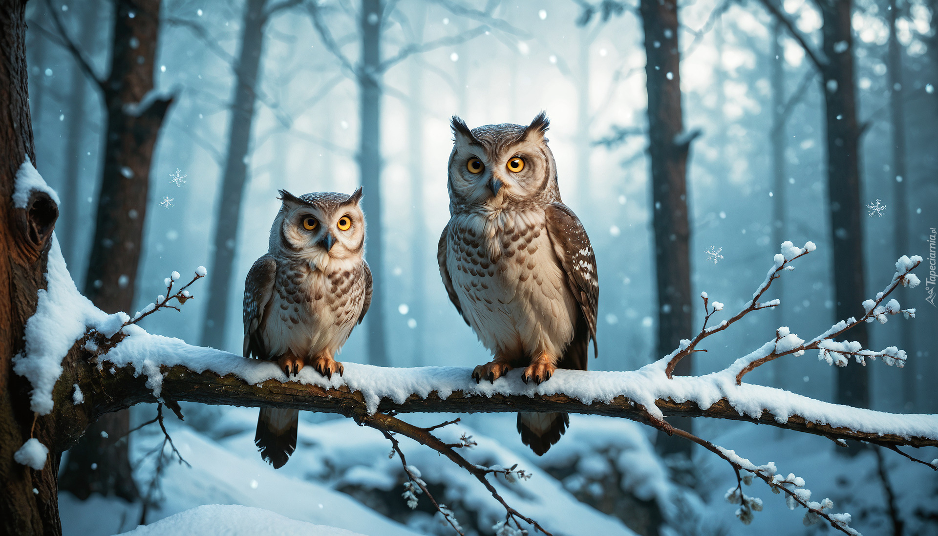 Zima, Las, Dwie, Sowy, Gałąź