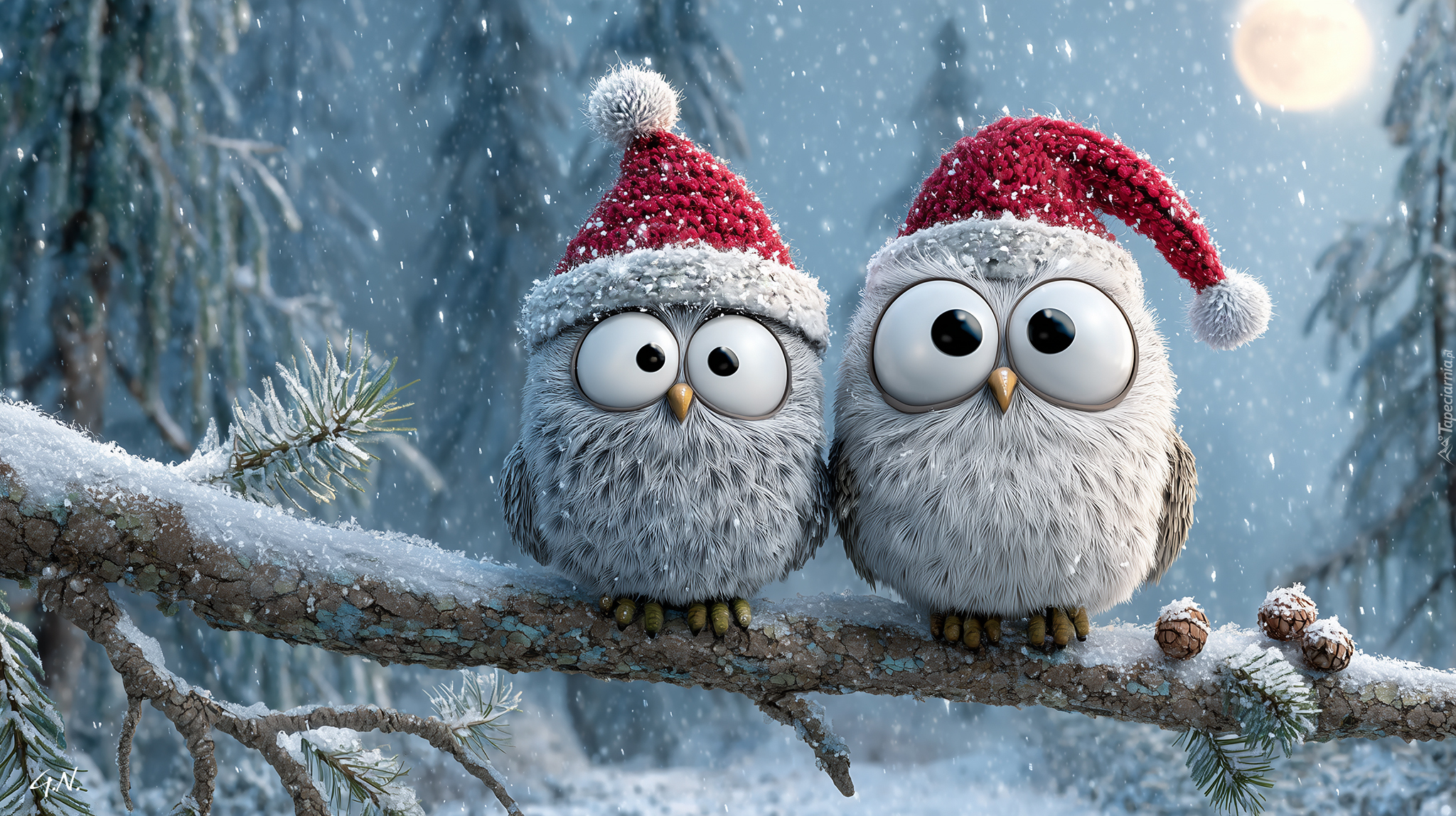 Dwie, Sowy, Czapki, Grafika AI