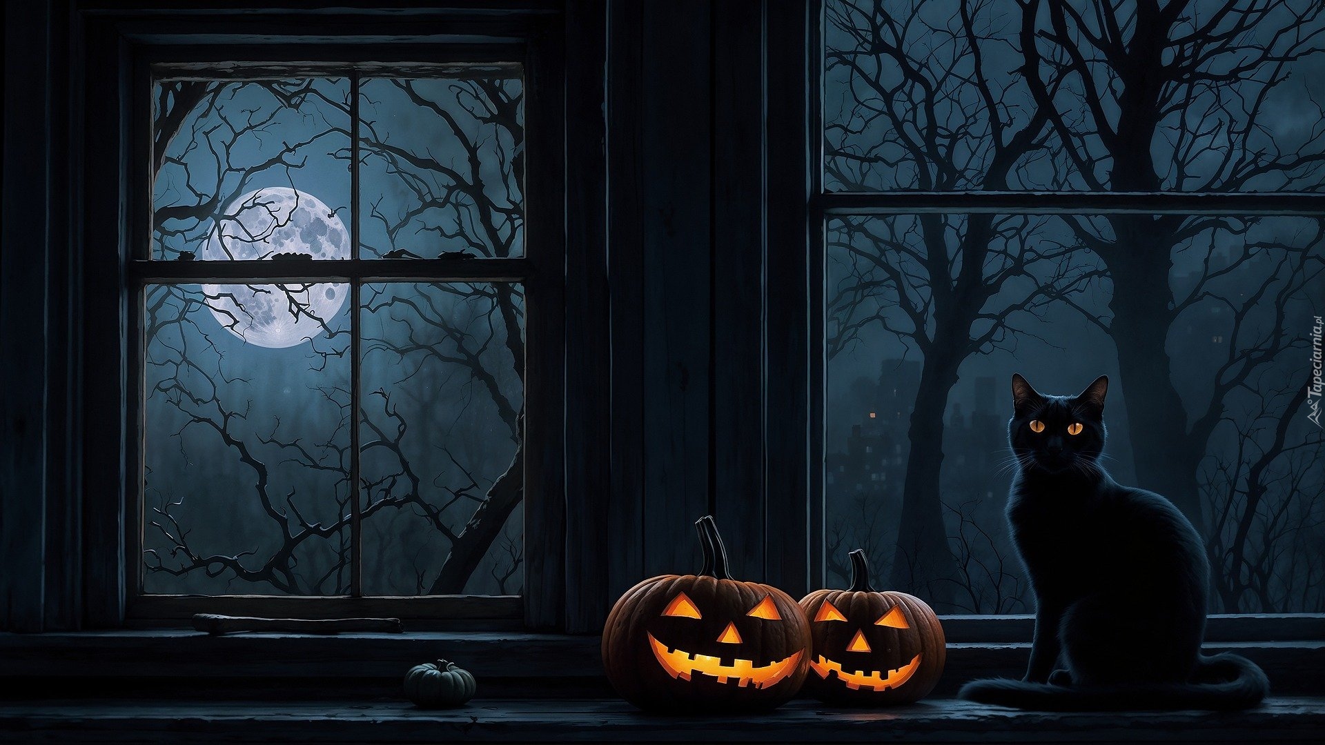 Halloween, Kot, Dynie, Księżyc, Okno