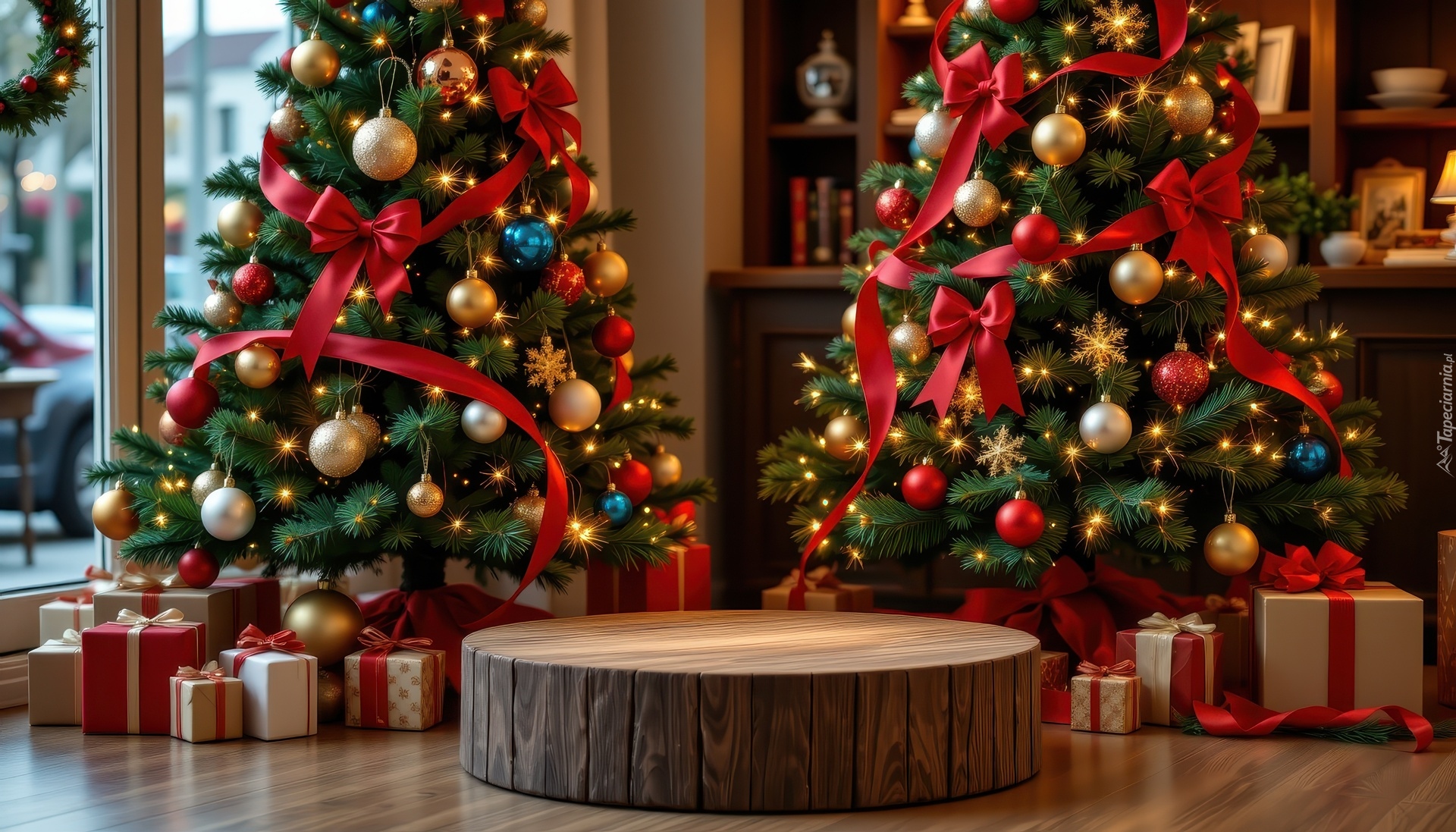 Choinki, Prezenty, Podium, Okno, Boże Narodzenie, Grafika AI