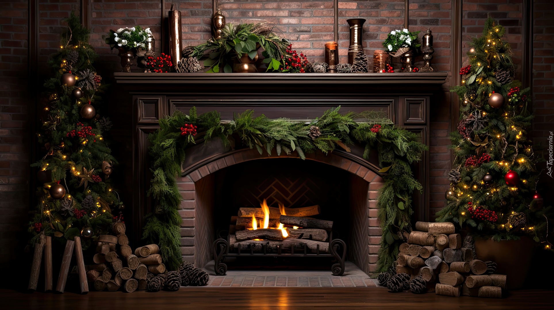 Choinki, Kominek, Dekoracje, Boże Narodzenie, Grafika AI