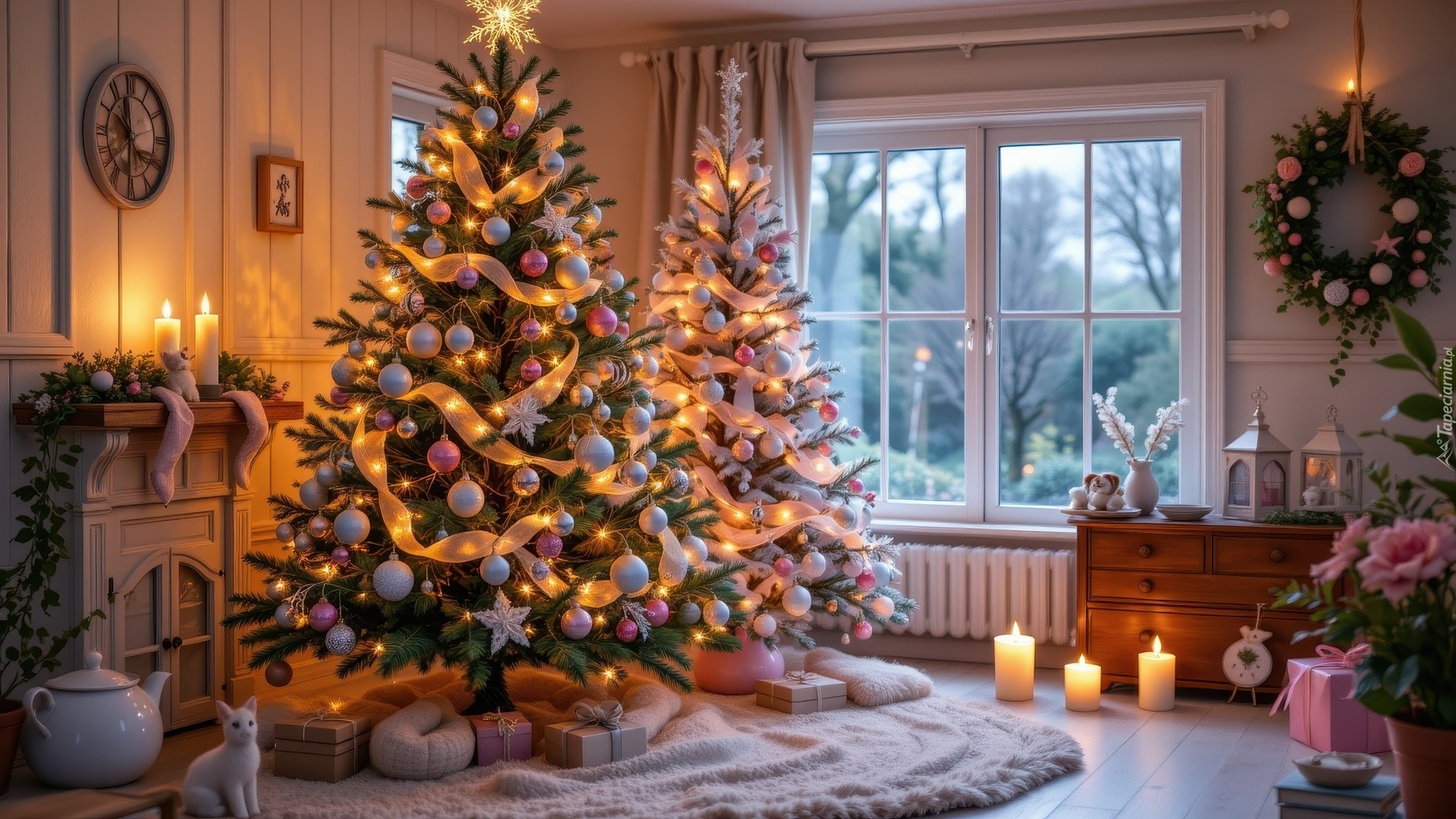 Salon, Boże Narodzenie, Dwie, Choinki, Bombki, Prezenty