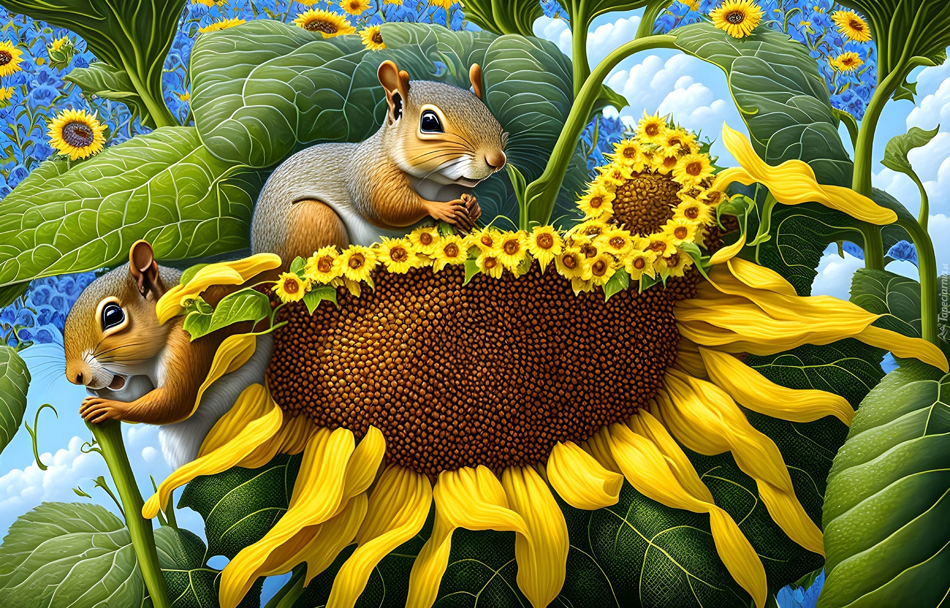 Dwie, Wiewiórki, Słonecznik, Grafika
