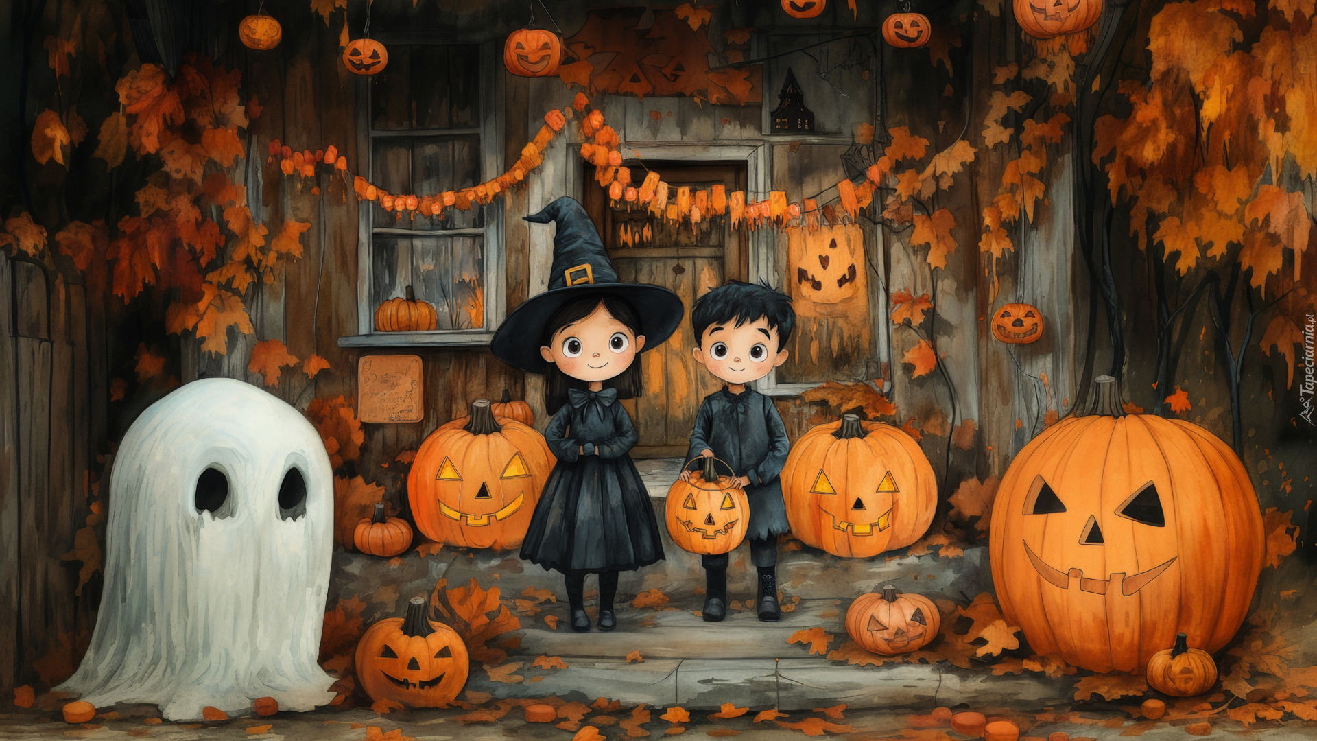 Halloween, Dzieci, Dynie, Duszek, Dom, Dekoracje, AI