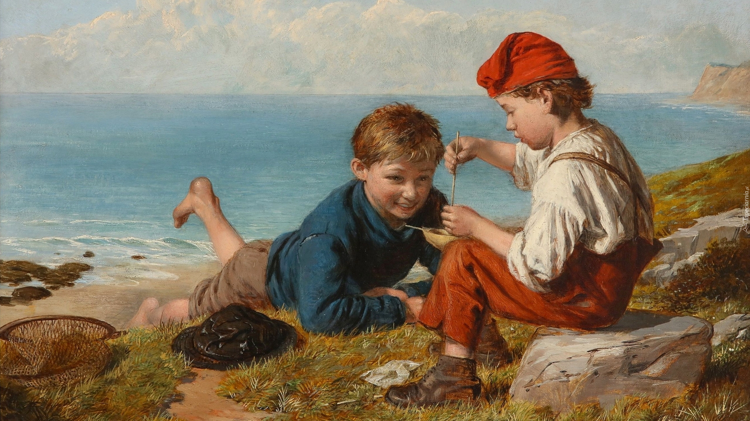 Malarstwo, Obraz, William Hemsley, Chłopcy, Wędkowanie, Morze