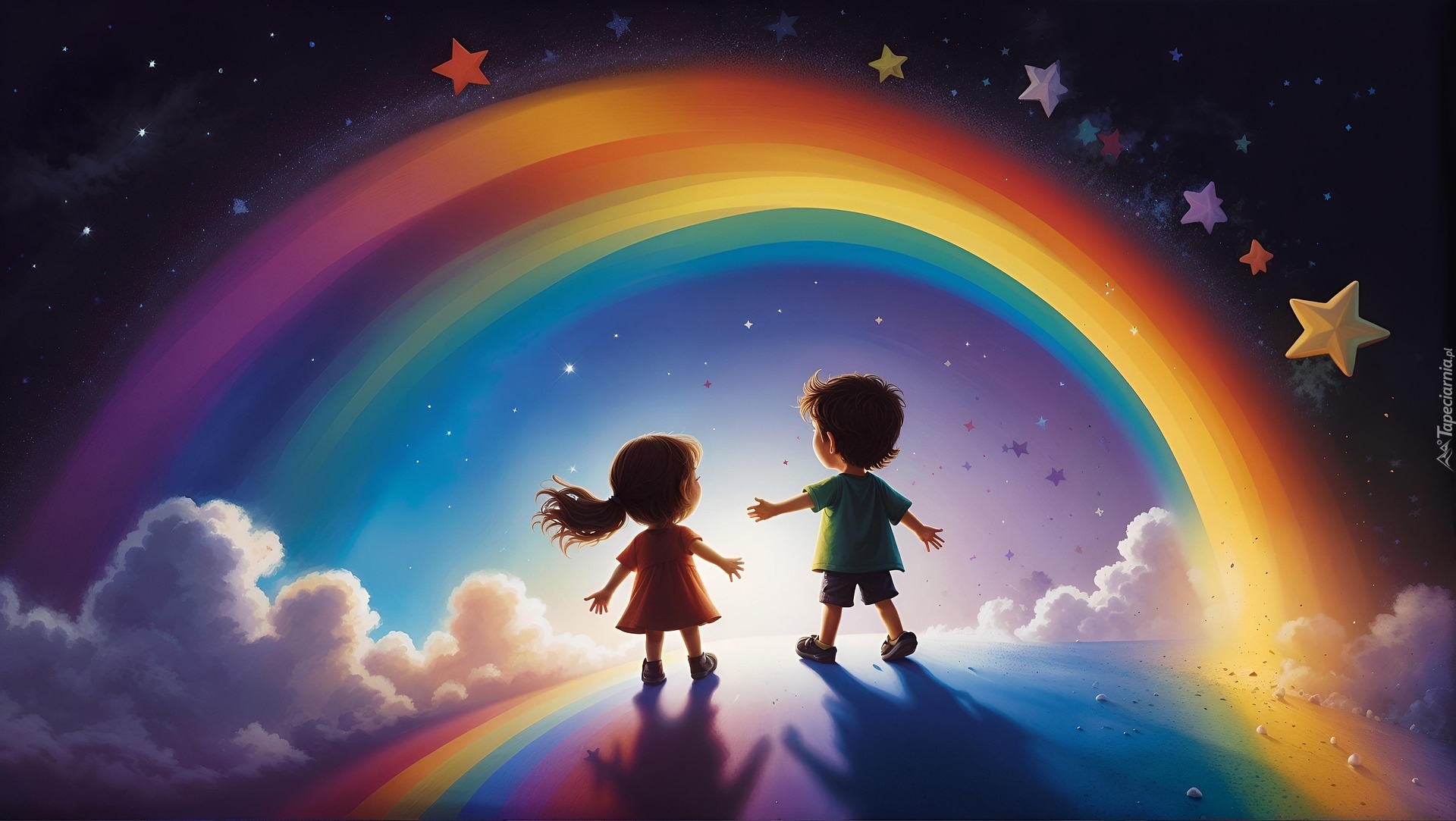 Dzieci, Tęcza, Gwiazdy, Chmury