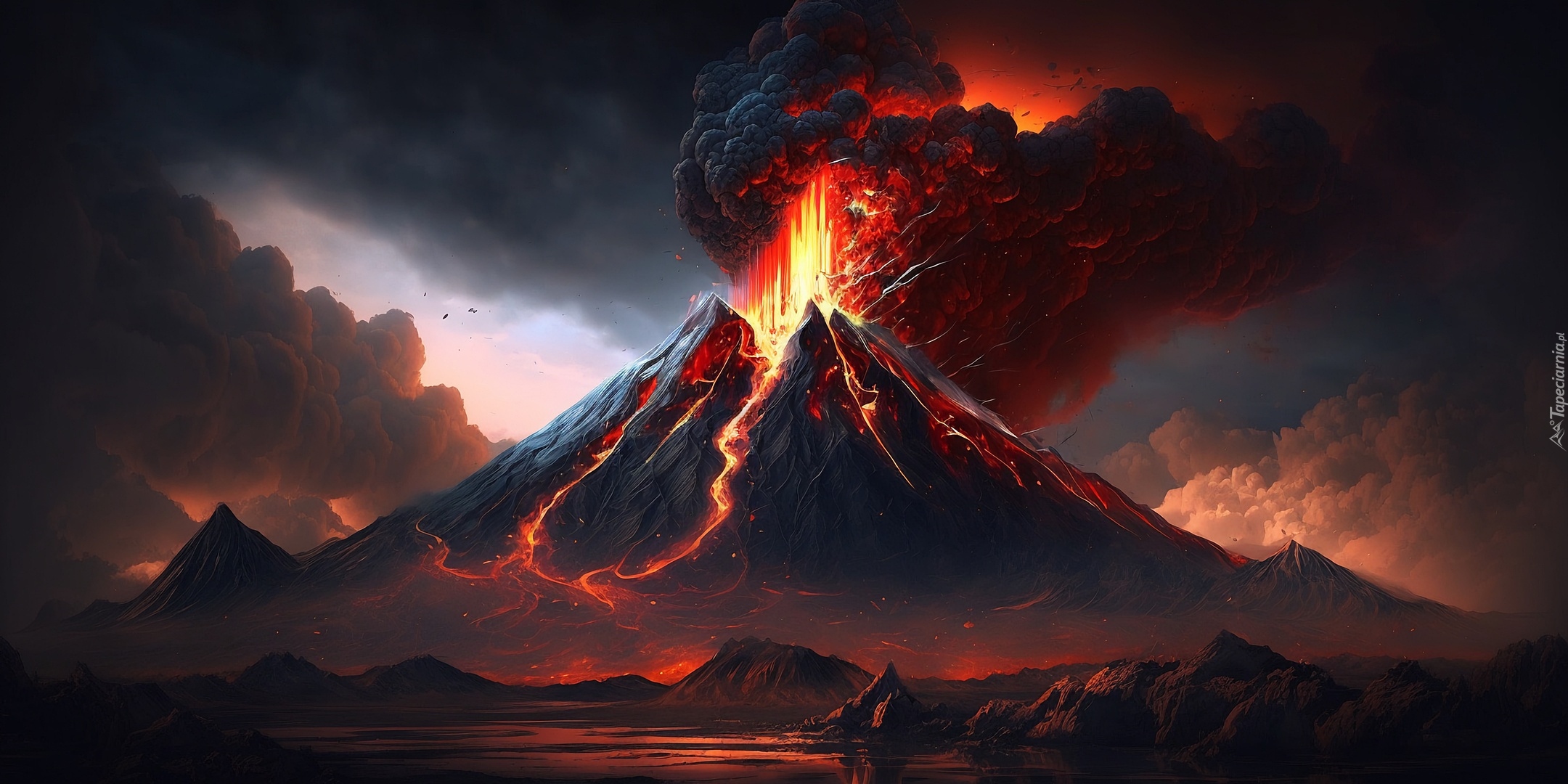 Wulkan, Erupcja, Dym, Grafika AI