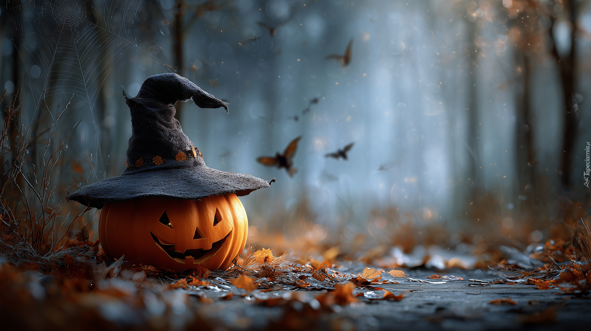 Halloween, Dynia, Kapelusz, Liście, Nietoperze, Grafika AI